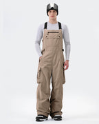 Men's 3-layer baggy ski bib pants front view in Khaki – HIGH EXPERIENCE
