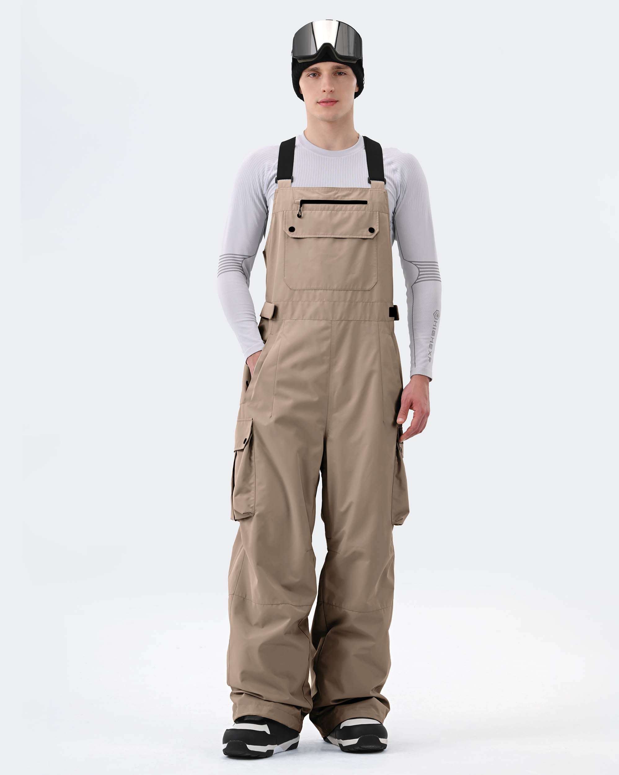 Men's 3-layer baggy ski bib pants front view in Khaki – HIGH EXPERIENCE
