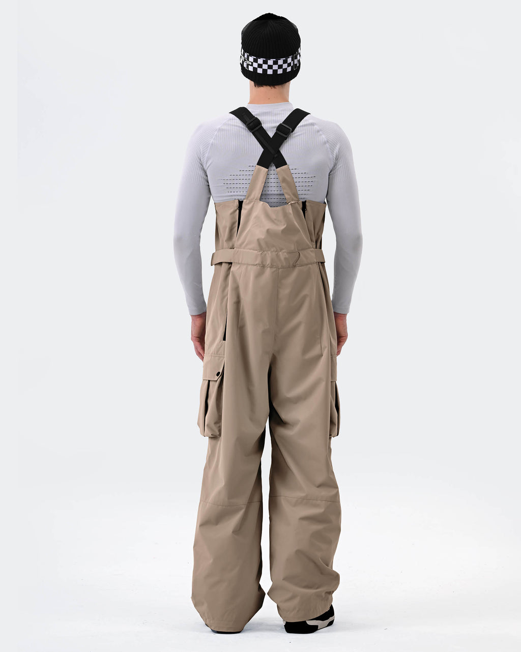 Khaki 3L snowboard bibs back view – men's ski bib pants
