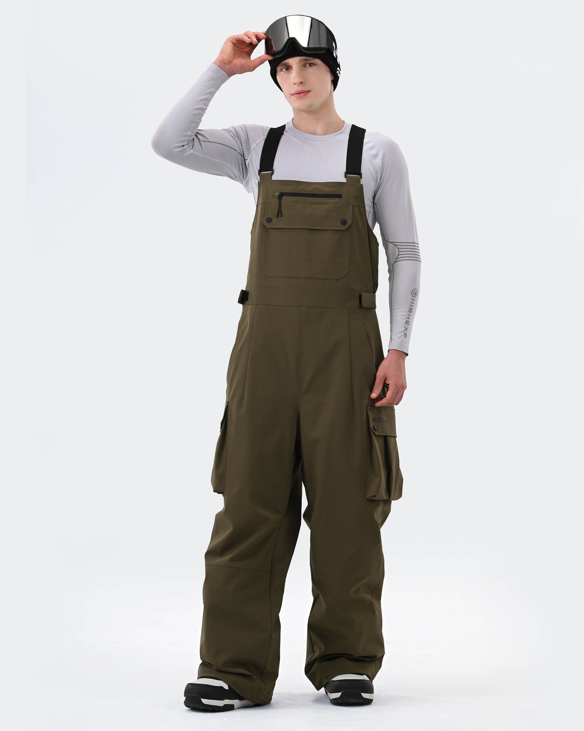 Men's 3-layer baggy ski bib pants front view in Army Green – HIGH EXPERIENCE
