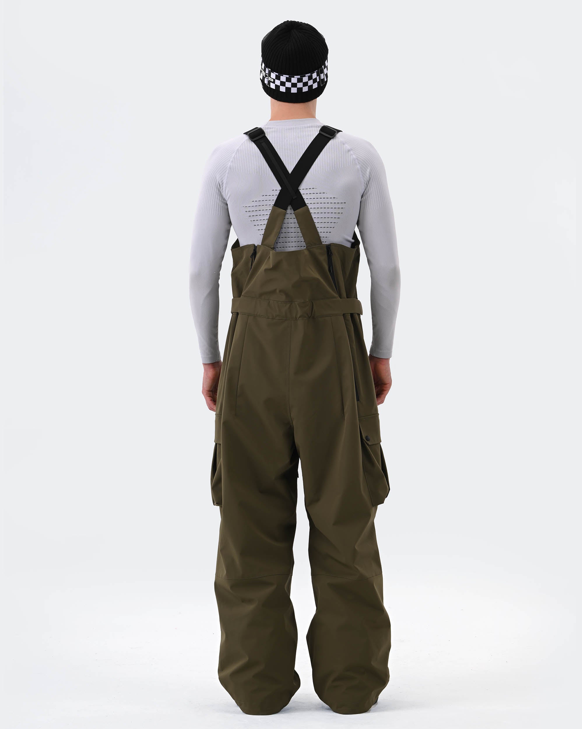 Army Green 3L snowboard bibs back view – men's ski bib pants
