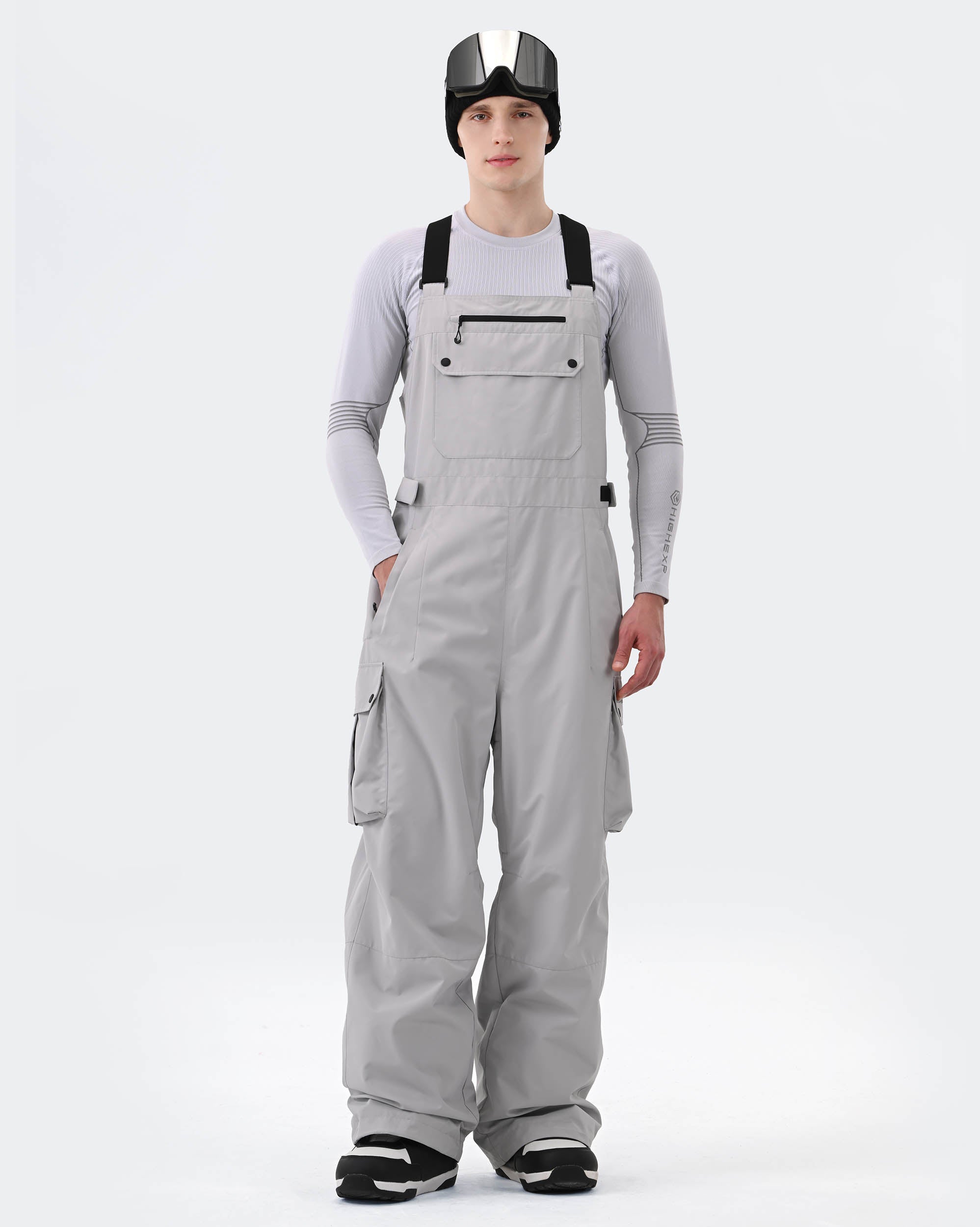 Men's 3-layer baggy ski bib pants front view in Gray – HIGH EXPERIENCE

