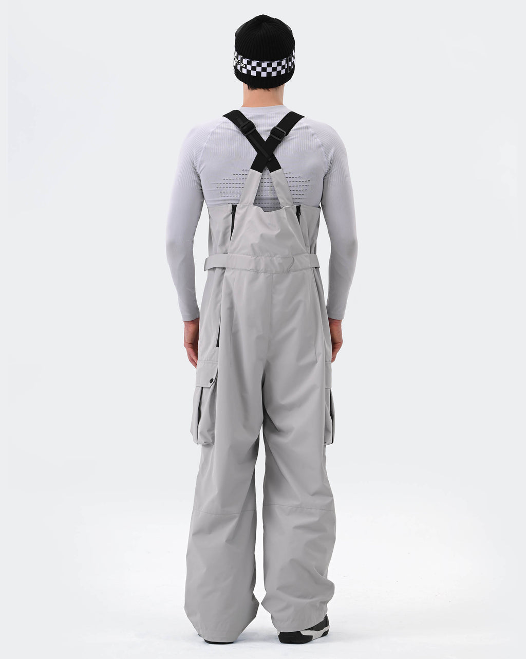 Gray 3L snowboard bibs back view – men's ski bib pants
