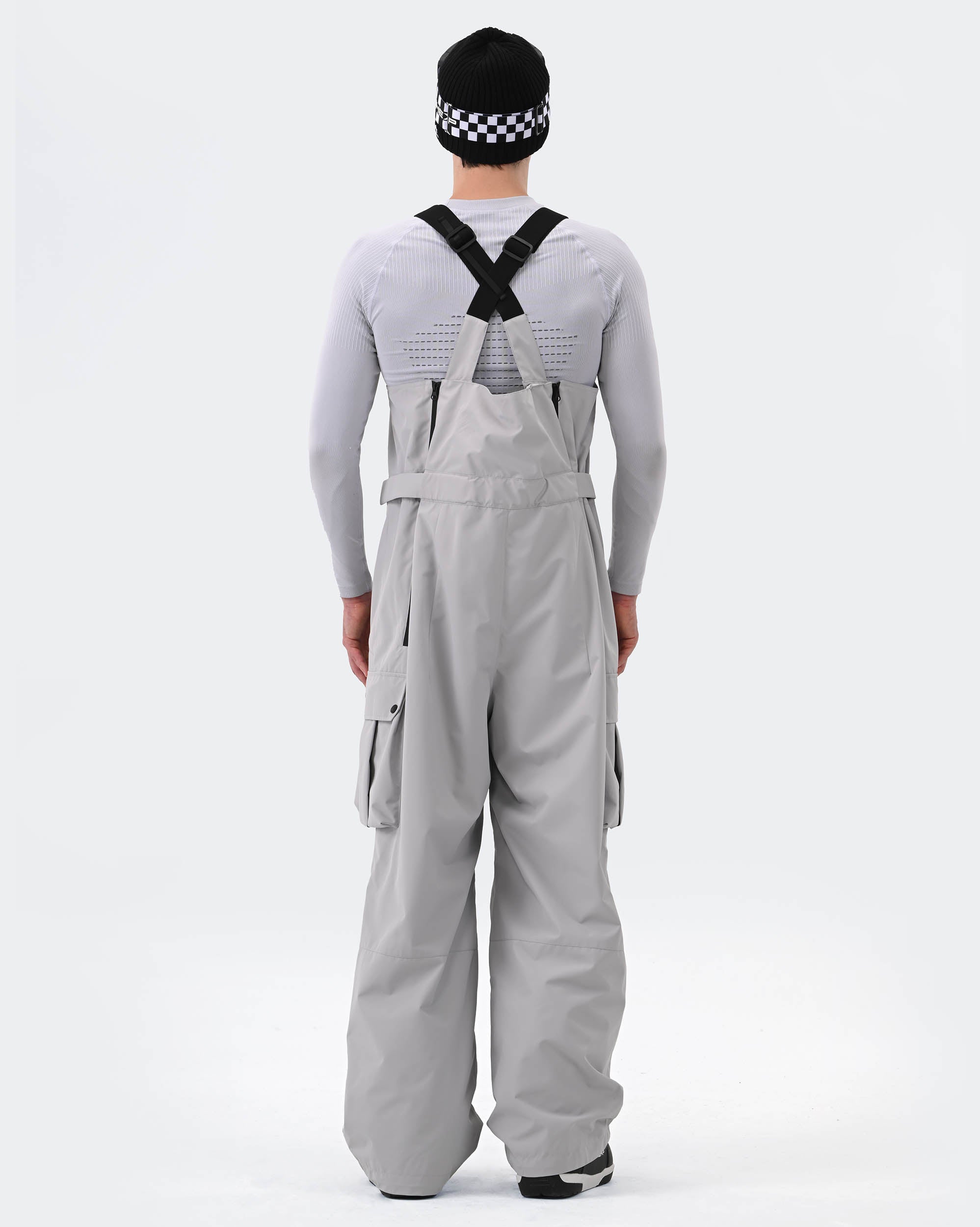 Gray 3L snowboard bibs back view – men's ski bib pants
