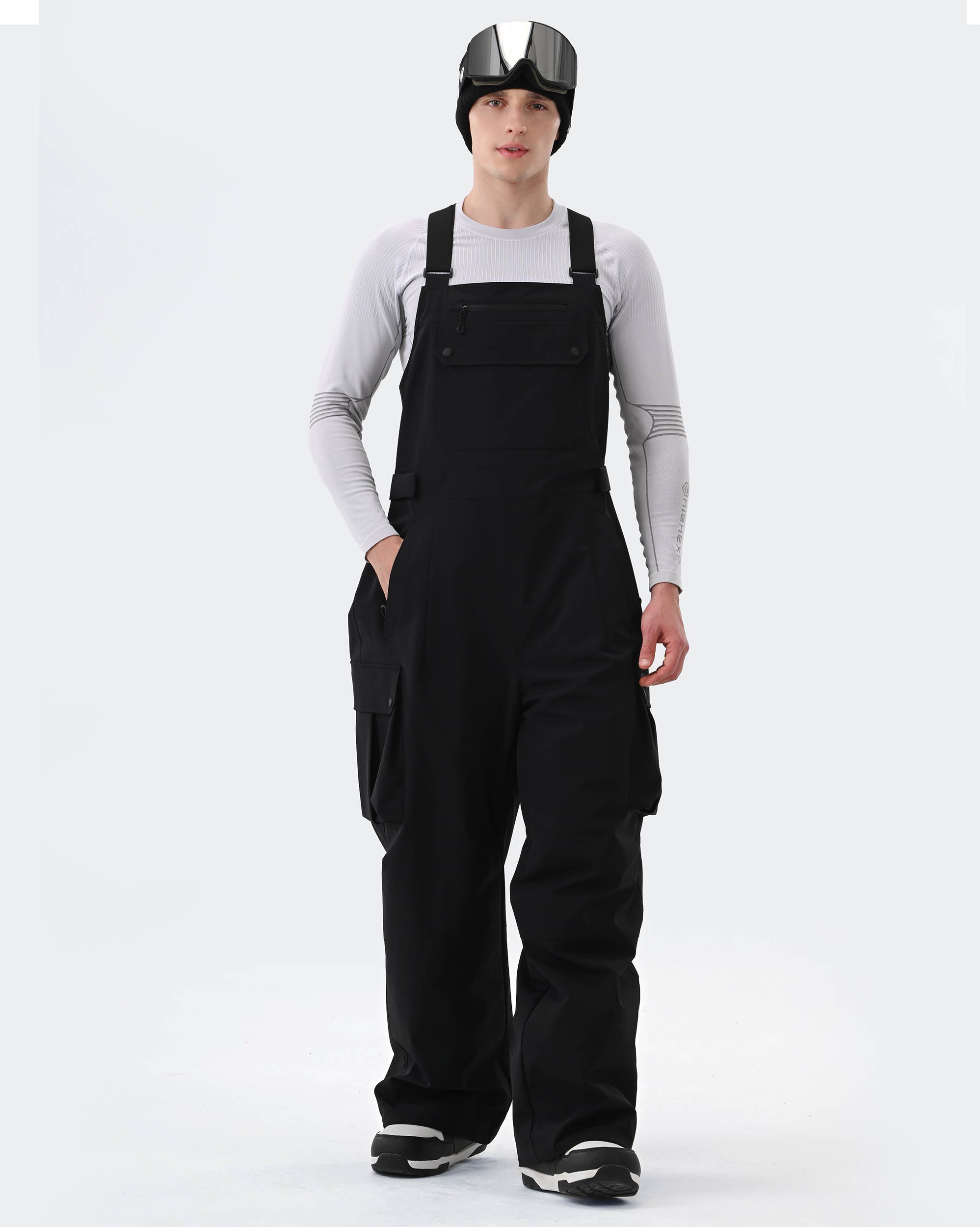Men's 3-layer baggy ski bib pants front view in Black – HIGH EXPERIENCE
