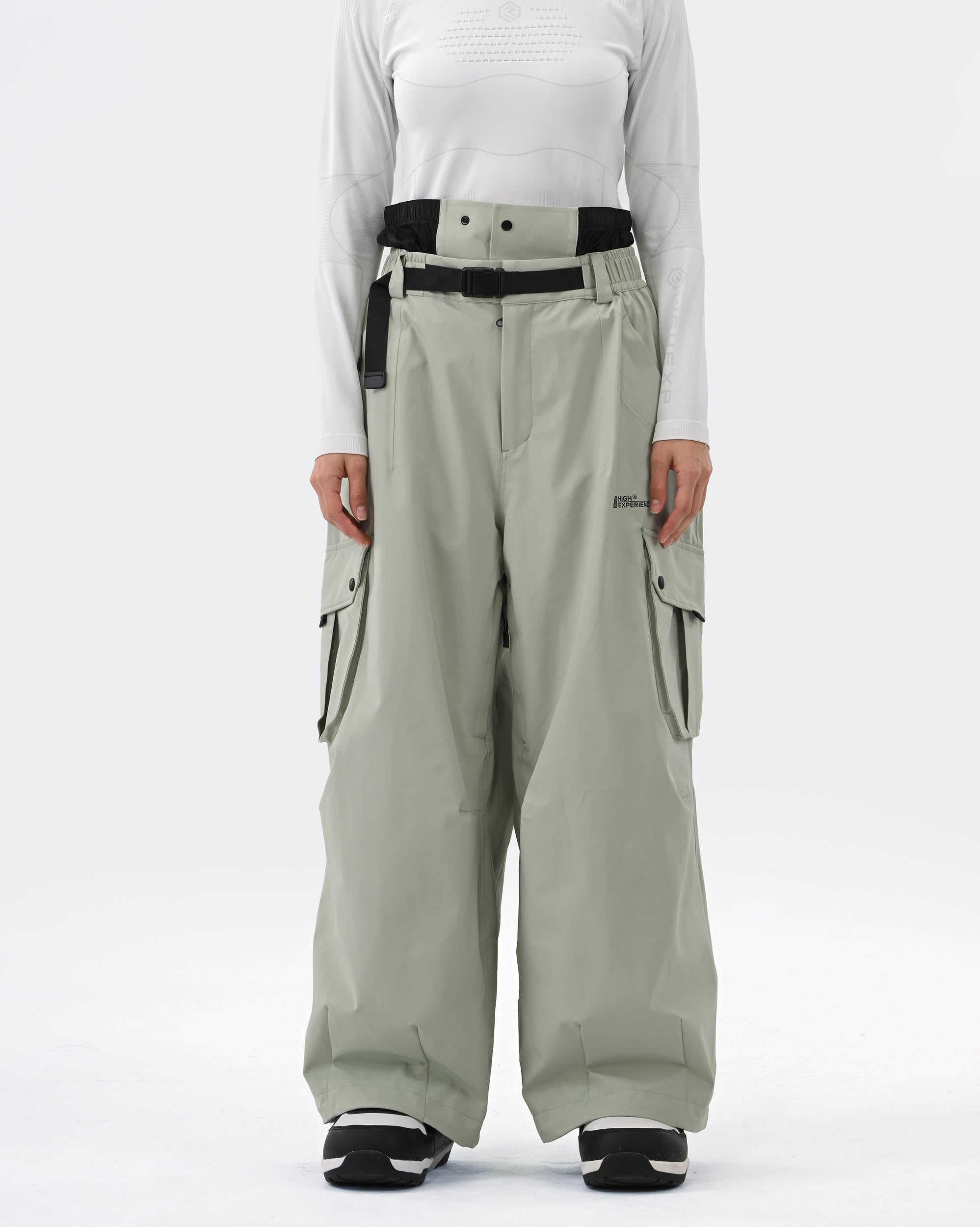 HIGH EXPERIENCE Baggy Ski Snowboard Pants Sage Green - Front View
