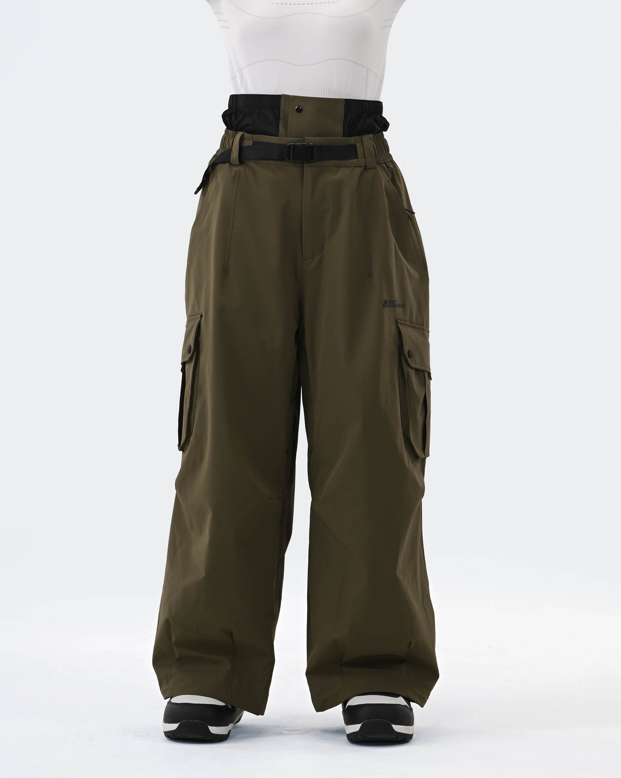 HIGH EXPERIENCE Baggy Ski Snowboard Pants Army Green - Front View
