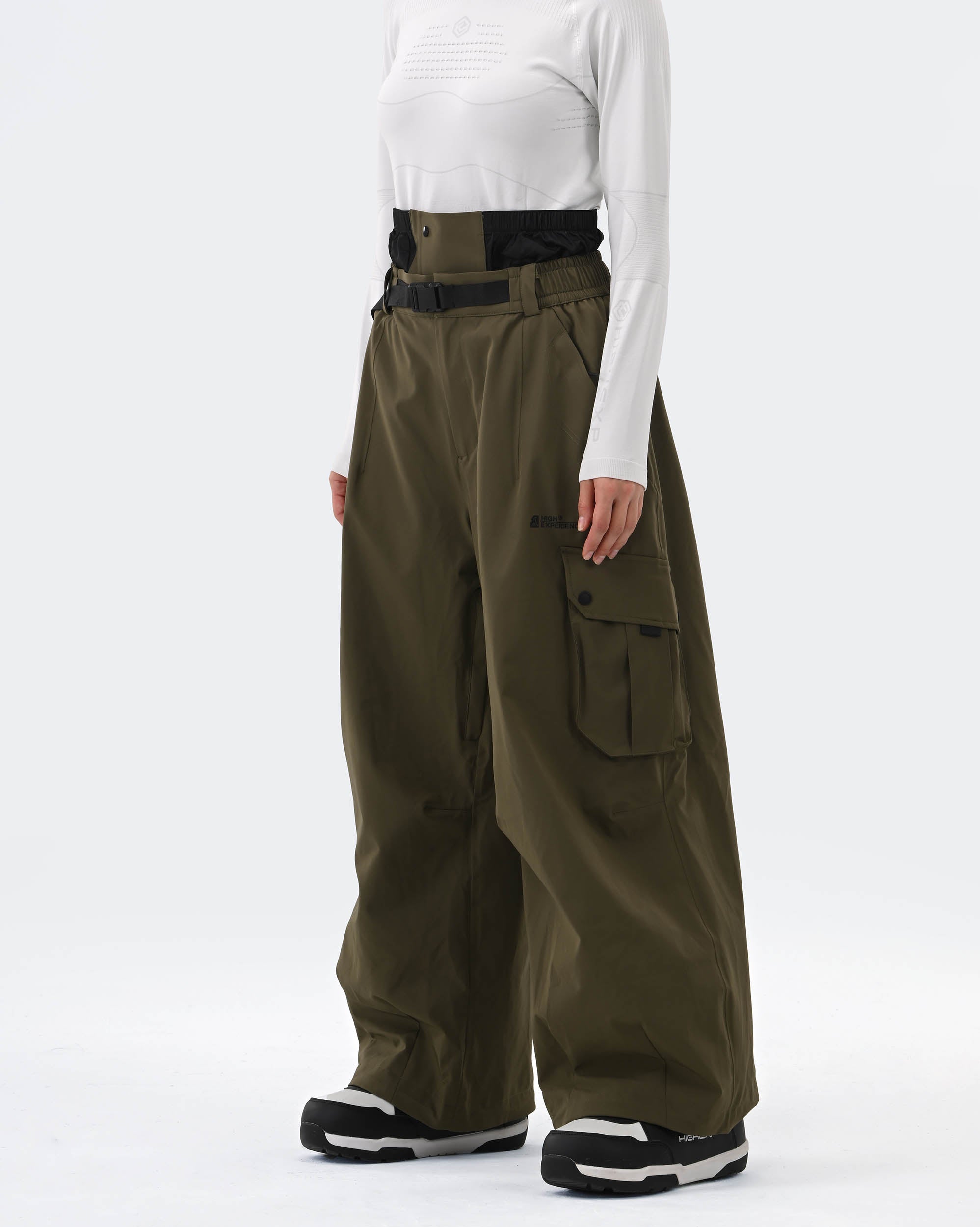 HIGH EXPERIENCE Baggy Ski Snowboard Pants Army Green - Side View
