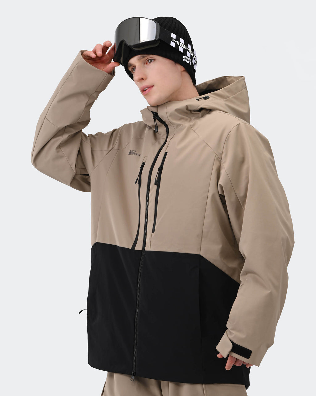 Light Khaki baggy ski jacket side view showing abrasion-resistant outer layer
