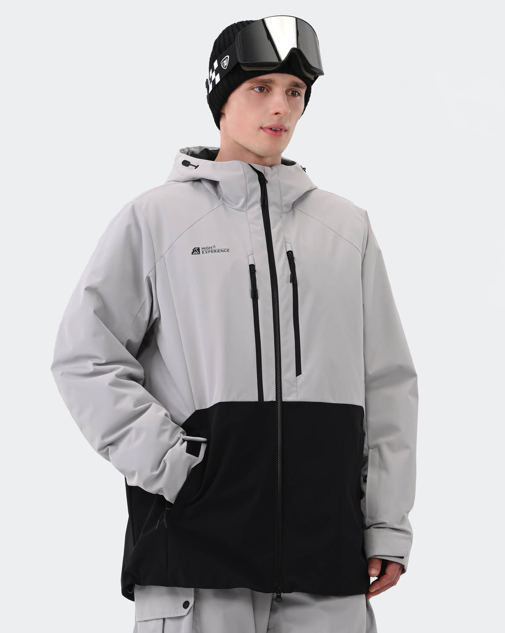 Gray baggy ski jacket side view showing technical 3L fabric construction

