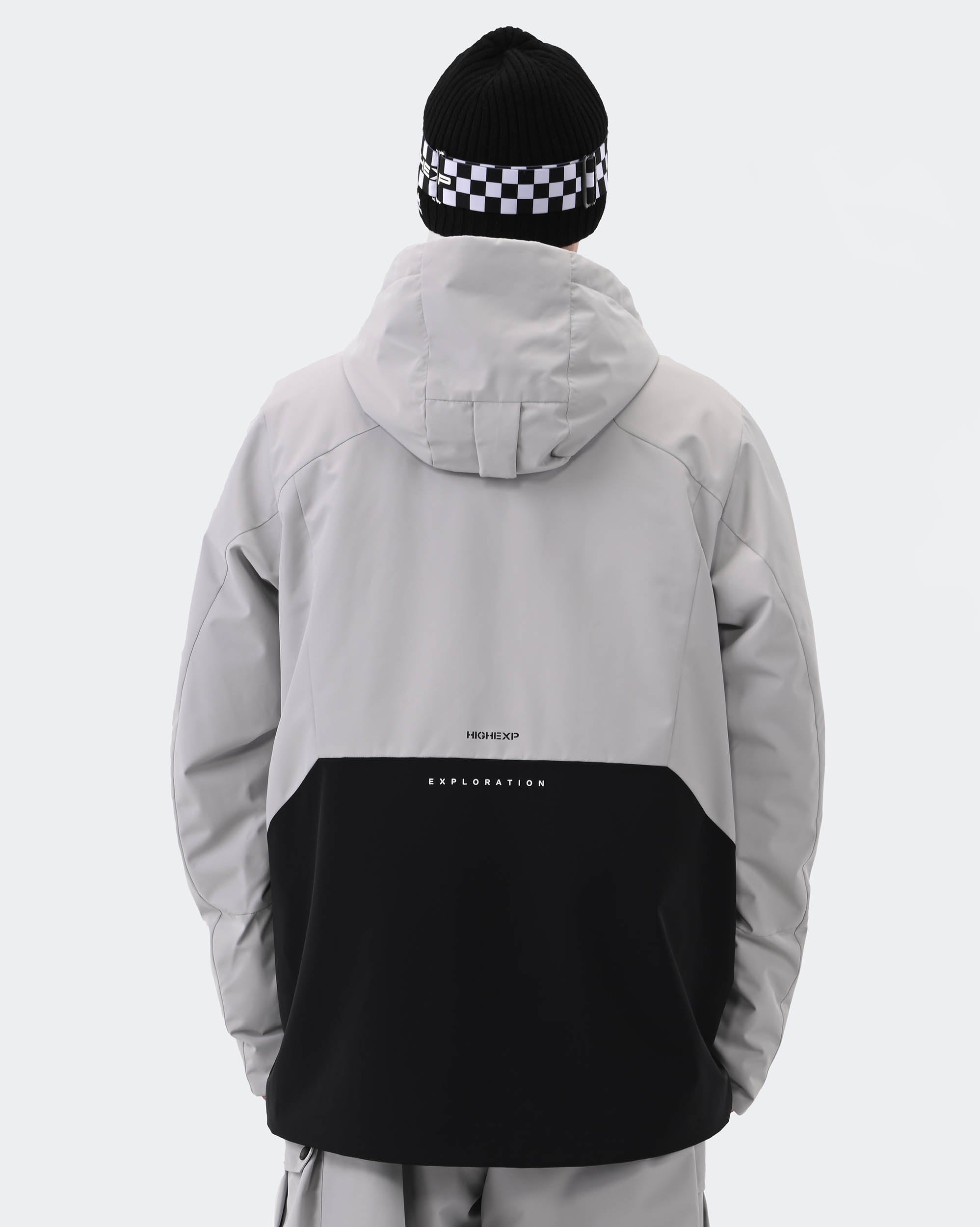 Gray 3L waterproof snowboard jacket back view – men's baggy outerwear
