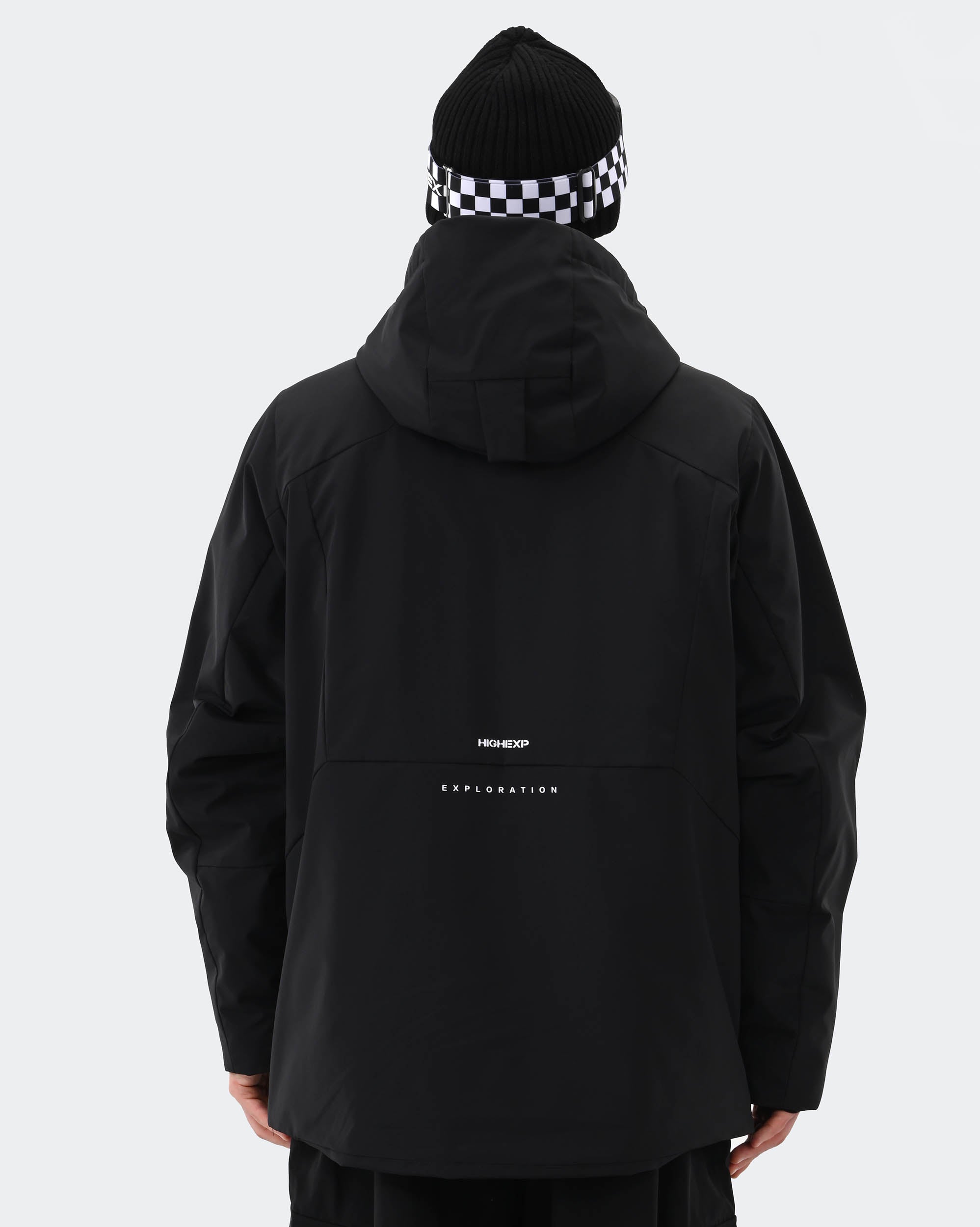 Black 3L waterproof snowboard jacket back view – men's baggy ski coat
