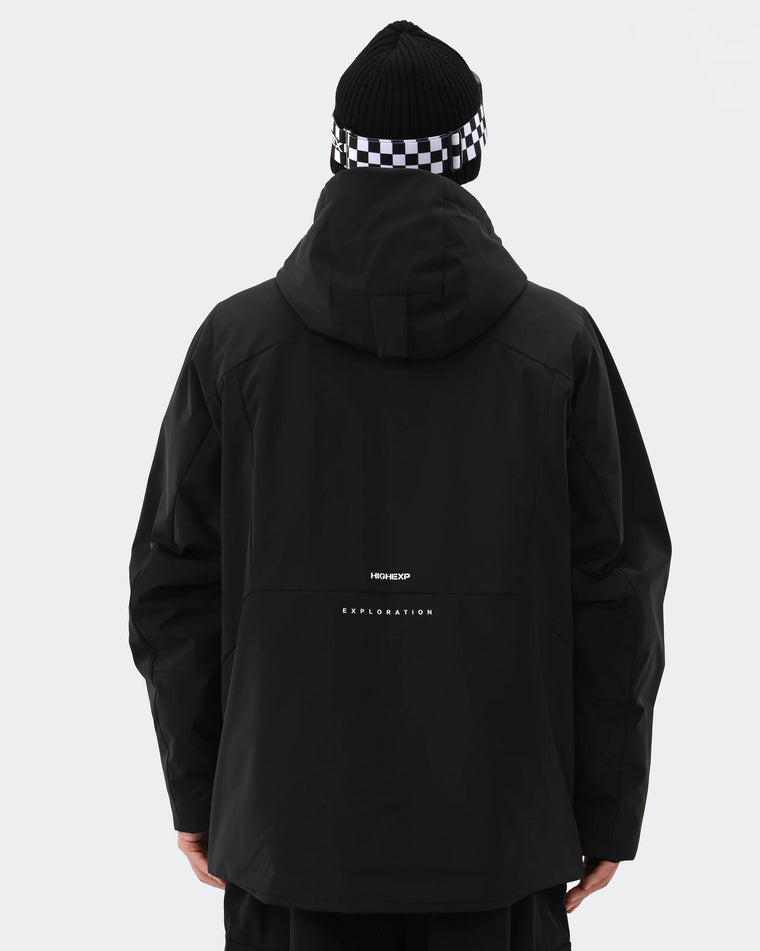 Black 3L waterproof snowboard jacket back view – men's baggy ski coat
