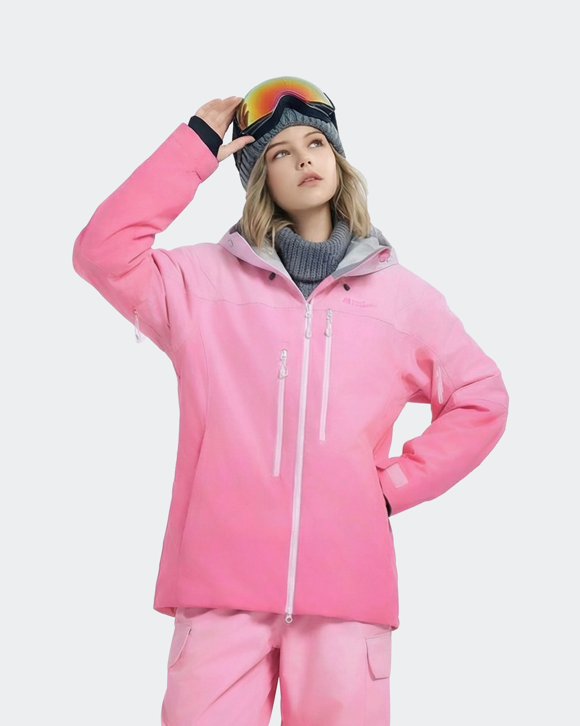 Women's baggy gradient snowboard jacket front view in Pink – HIGH EXPERIENCE
