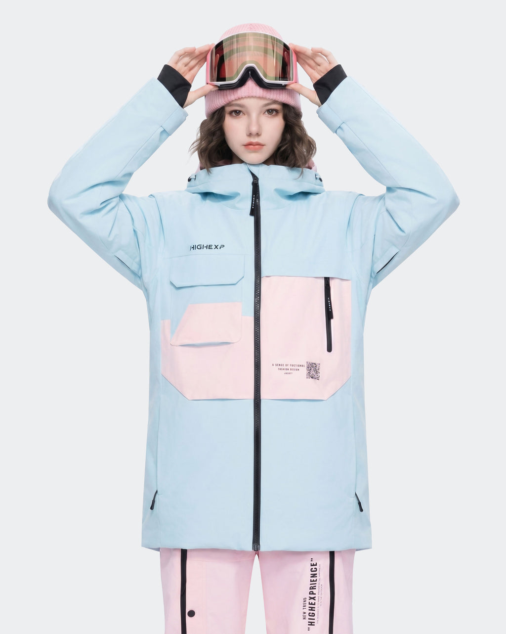 Blue women's waterproof ski jacket front view – HIGH EXPERIENCE