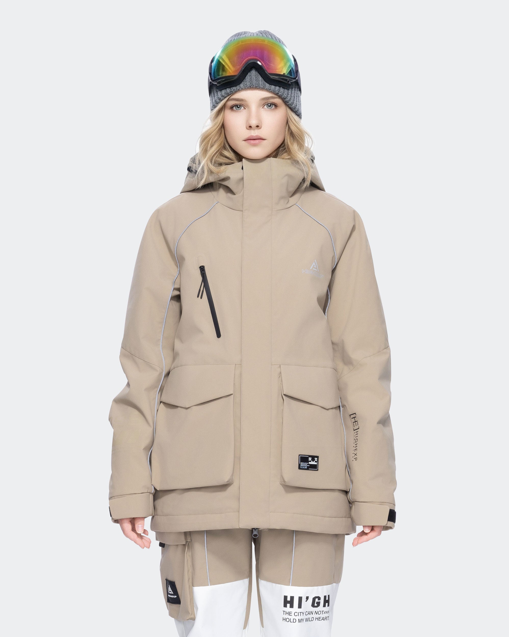 Women's waterproof ski jacket front view in Light Khaki – HIGH EXPERIENCE
