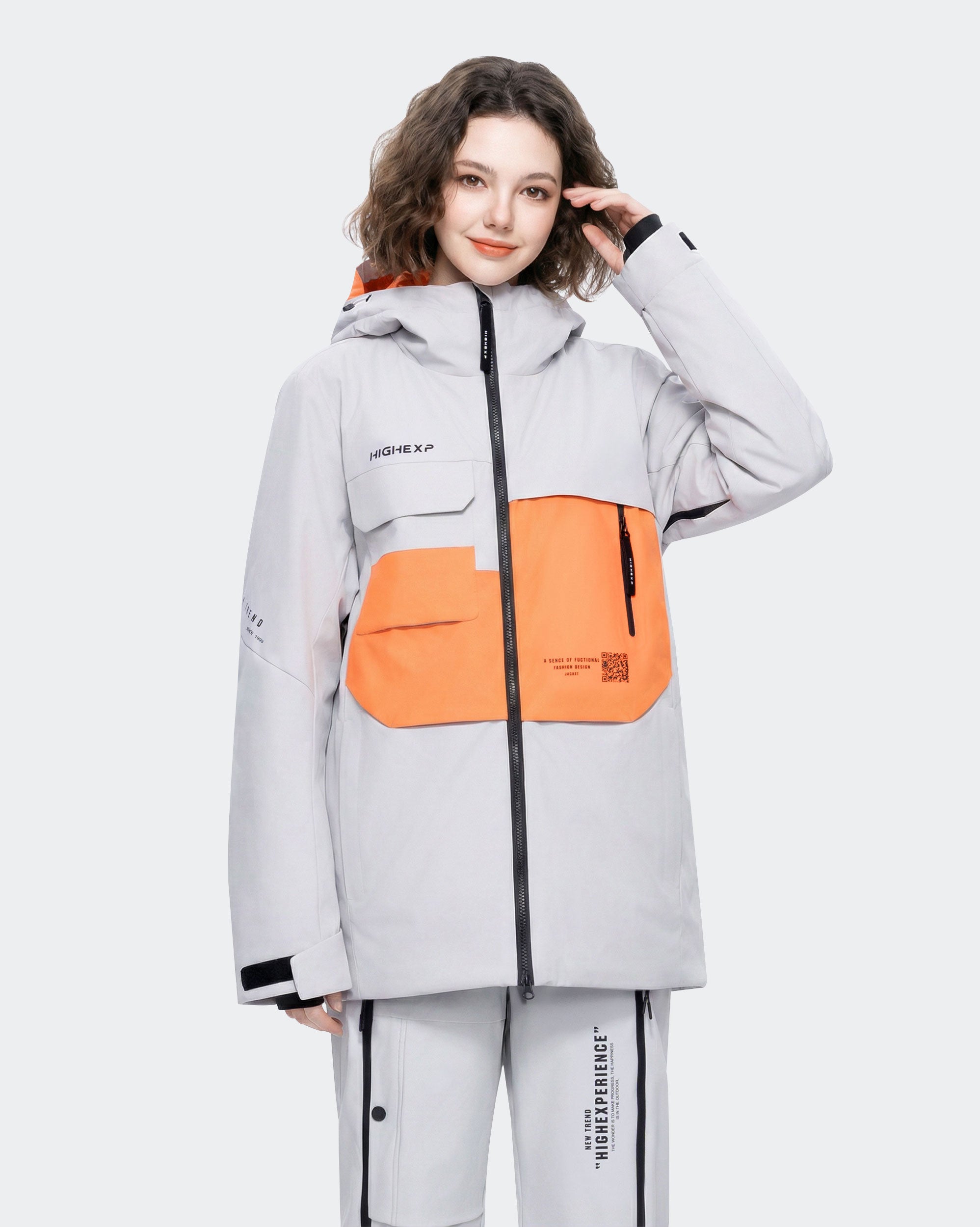 Gray women's waterproof ski jacket front view – HIGH EXPERIENCE