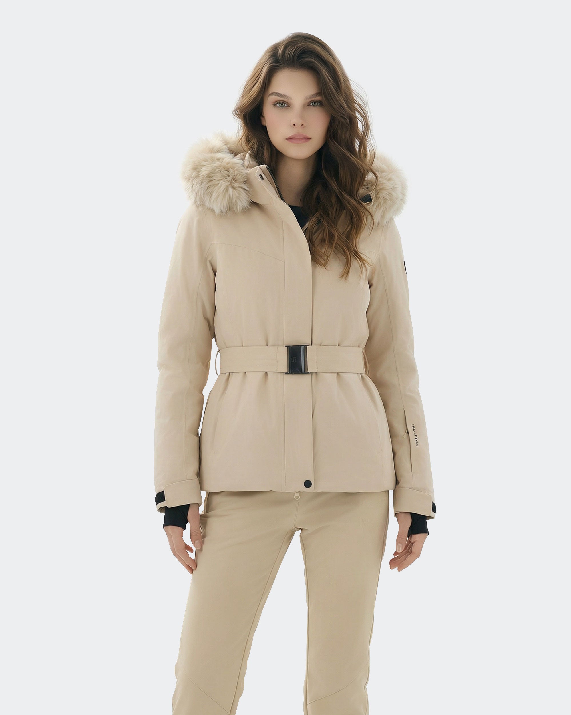 Women's slim fit belted ski jacket front view in Light Khaki – HIGH EXPERIENCE
