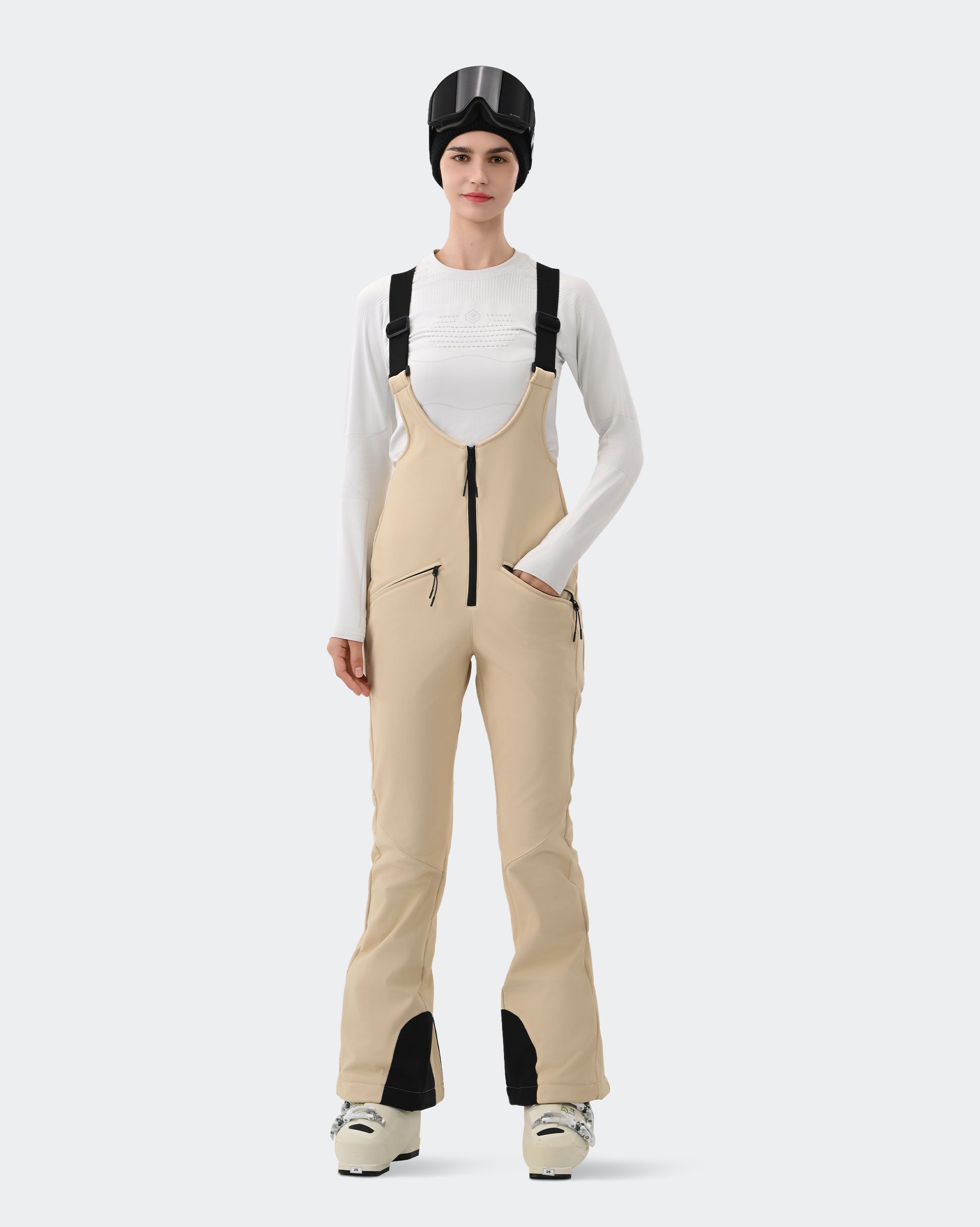 HIGH EXPERIENCE Women's Ski Bib Pants Light Khaki – Waterproof Insulated Snow Overalls, Front View