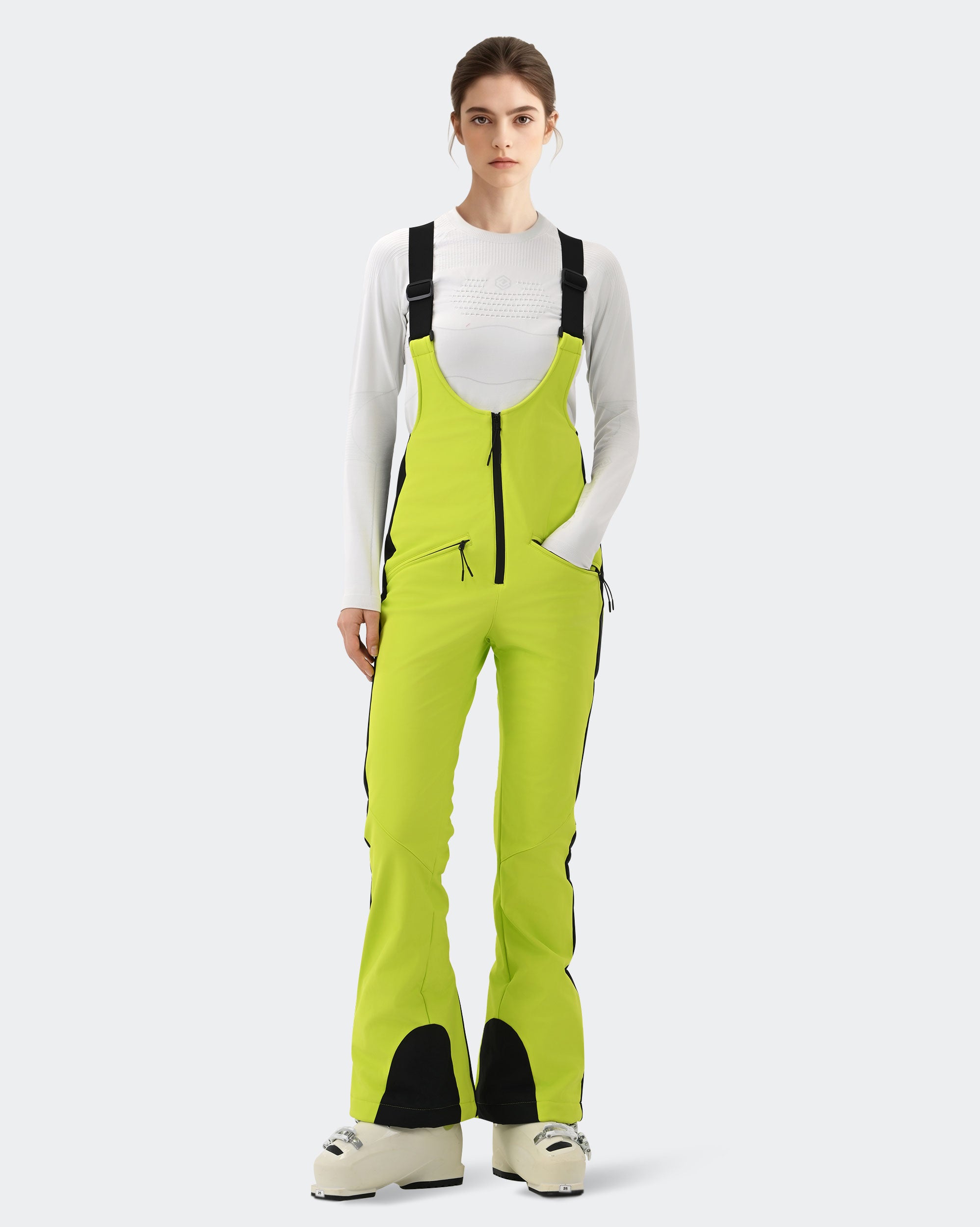 HIGH EXPERIENCE Women's Slim Fit Ski Bib Pants - Light Green - Front View