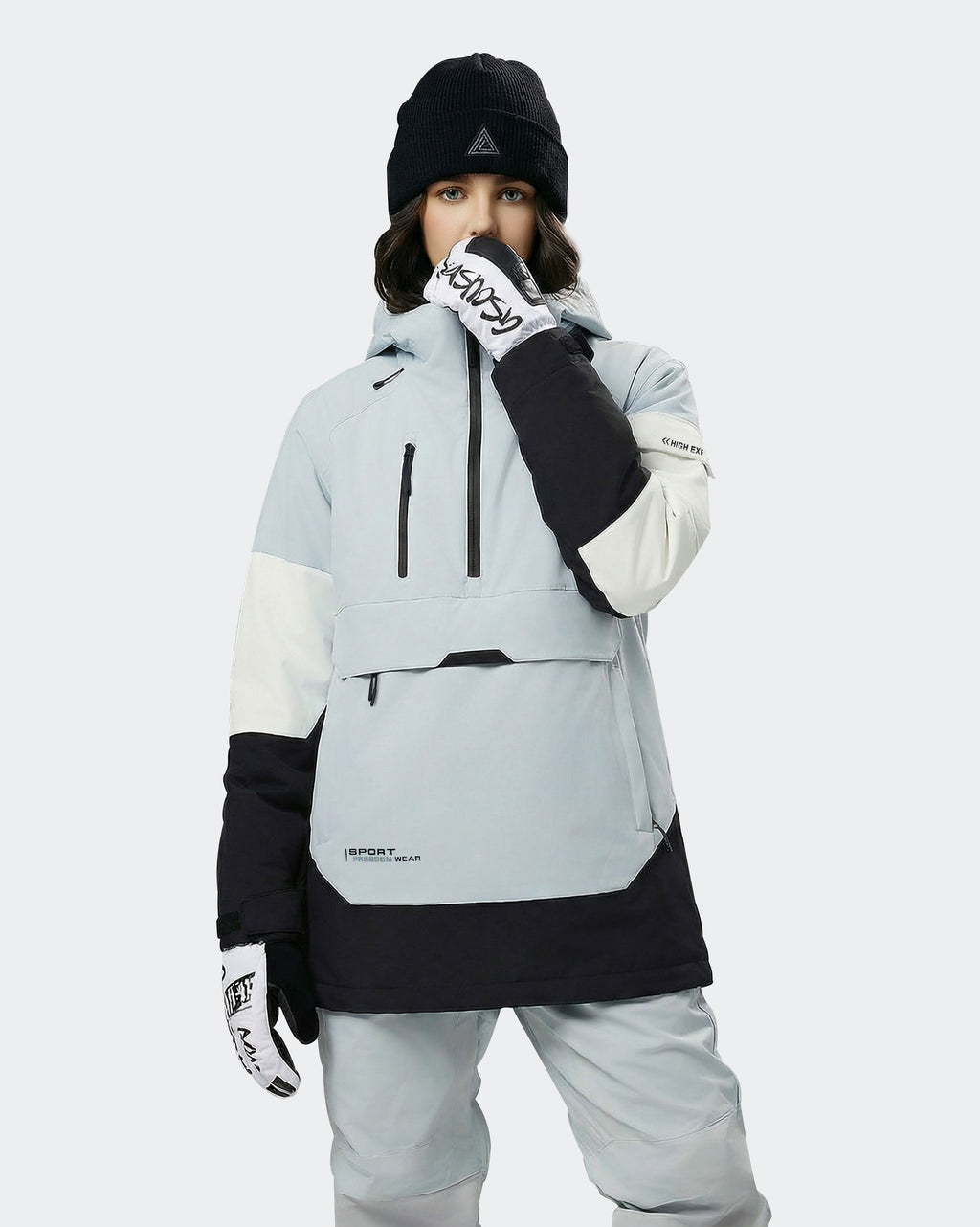 Women wearing Black-Blue ski hoodie pullover on mountain
