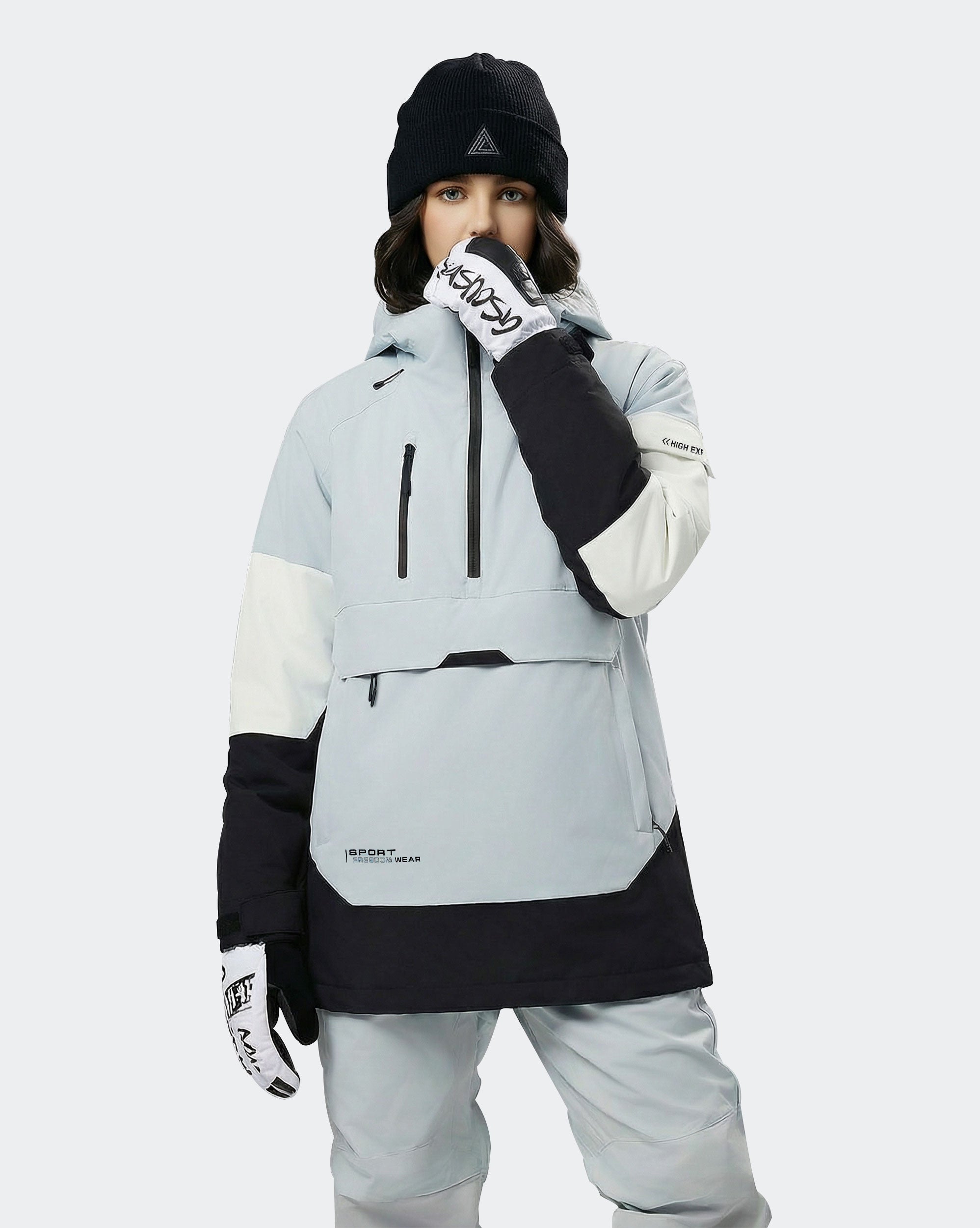 Women wearing Black-Blue ski hoodie pullover on mountain
