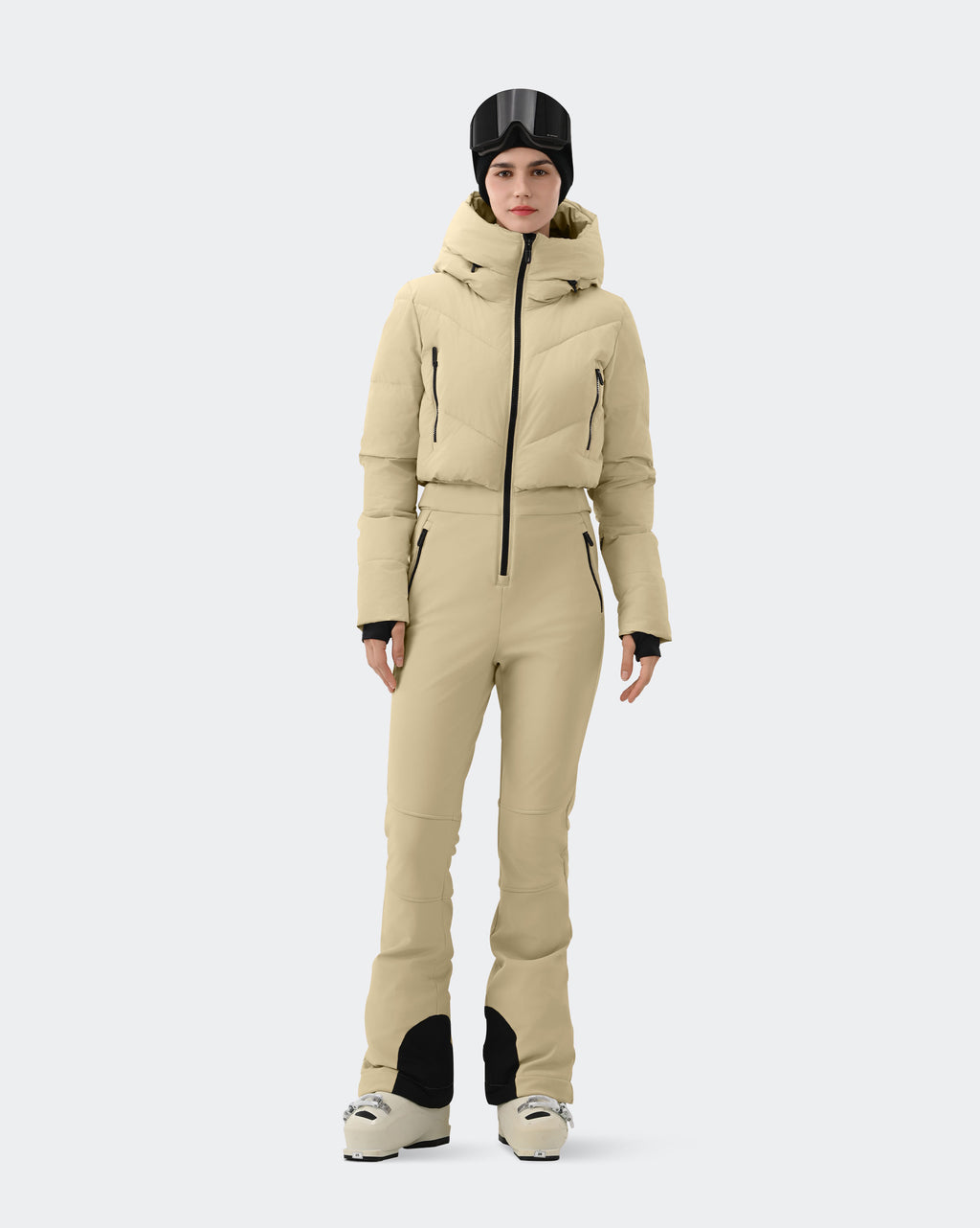 Women's one-piece ski suit front view in Light Khaki – HIGH EXPERIENCE
