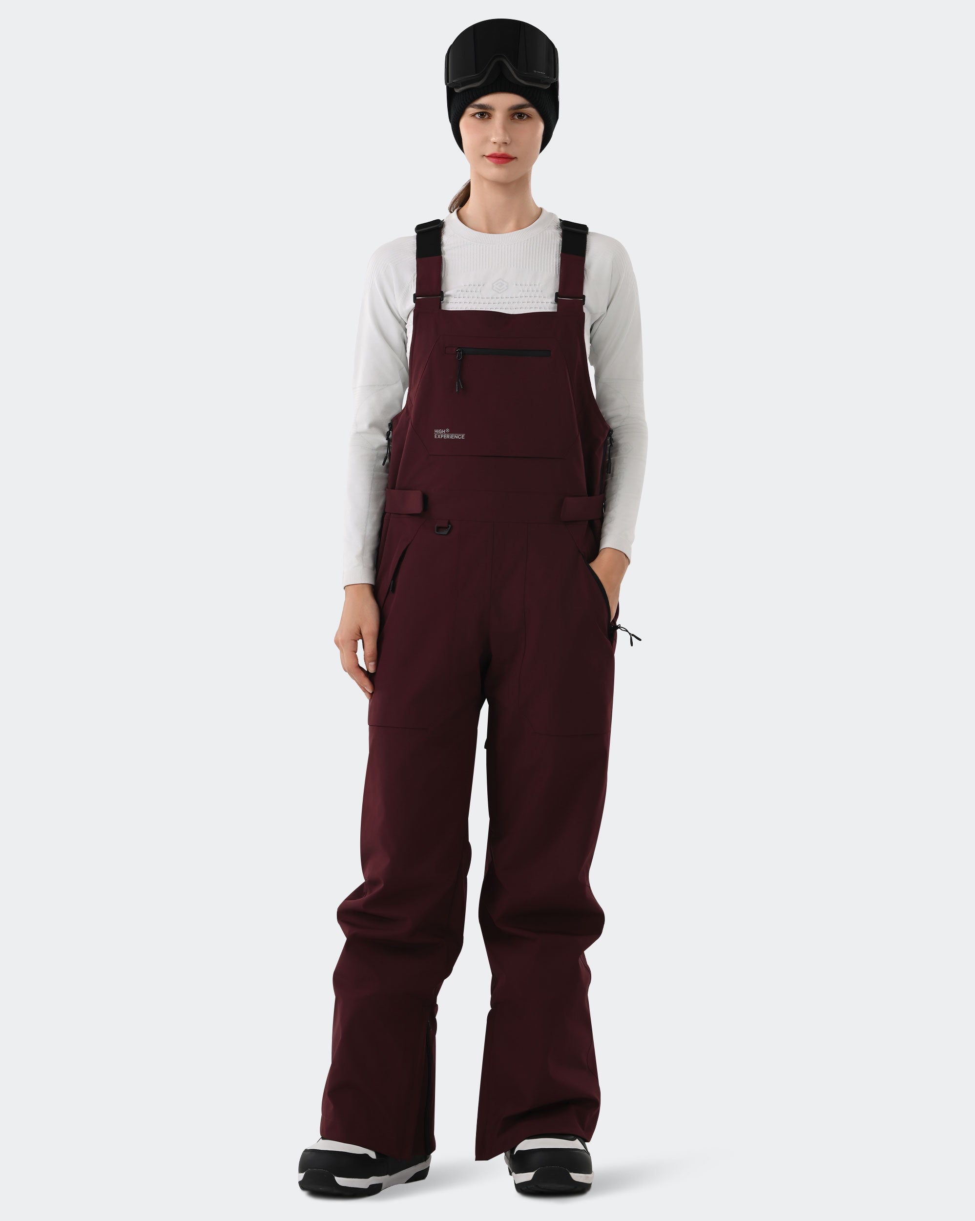 Burgundy Women's Ski Bib Pants – Front View | High Experience