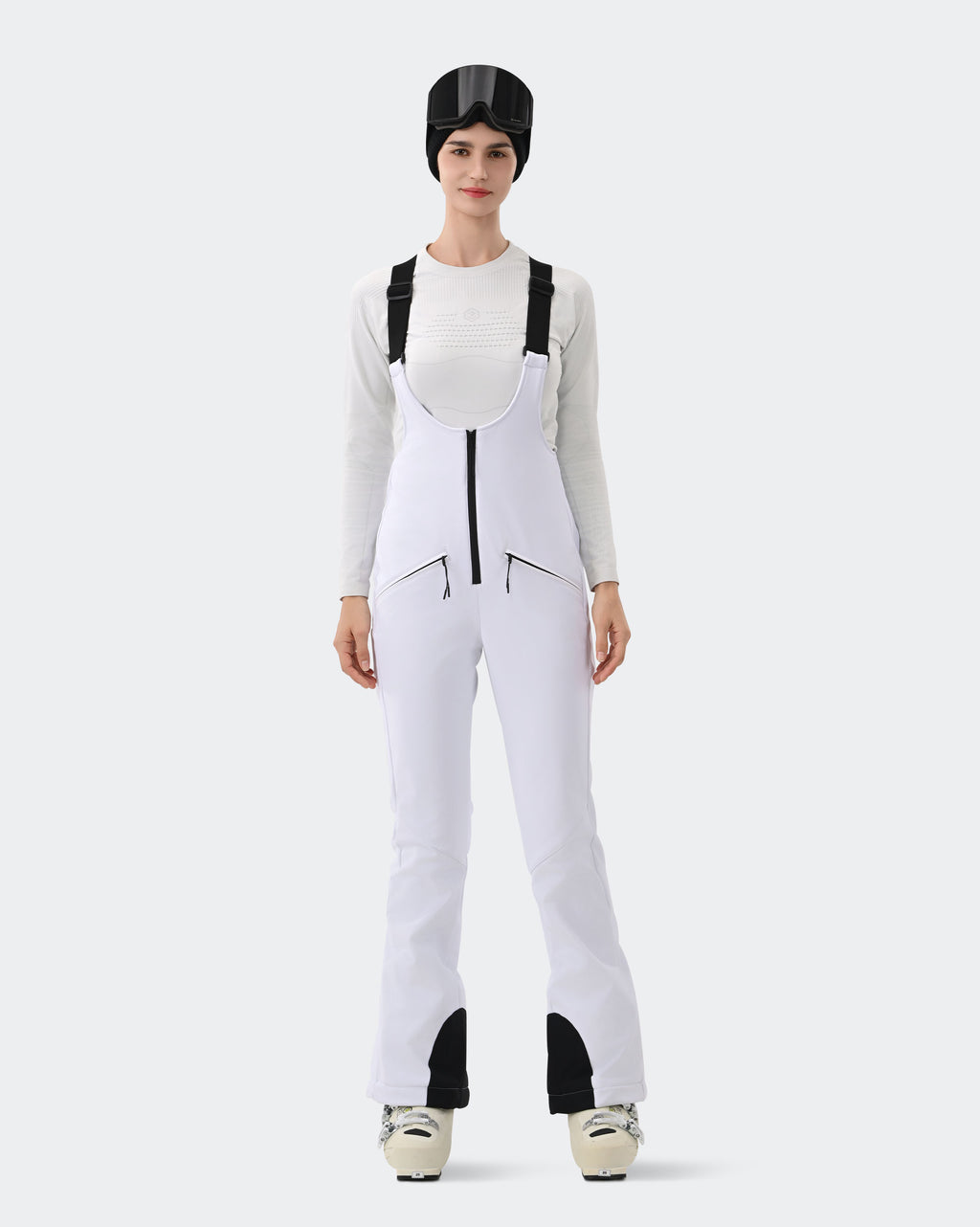 HIGH EXPERIENCE Women's Ski Bib Pants White – Waterproof Insulated Snow Overalls, Front View