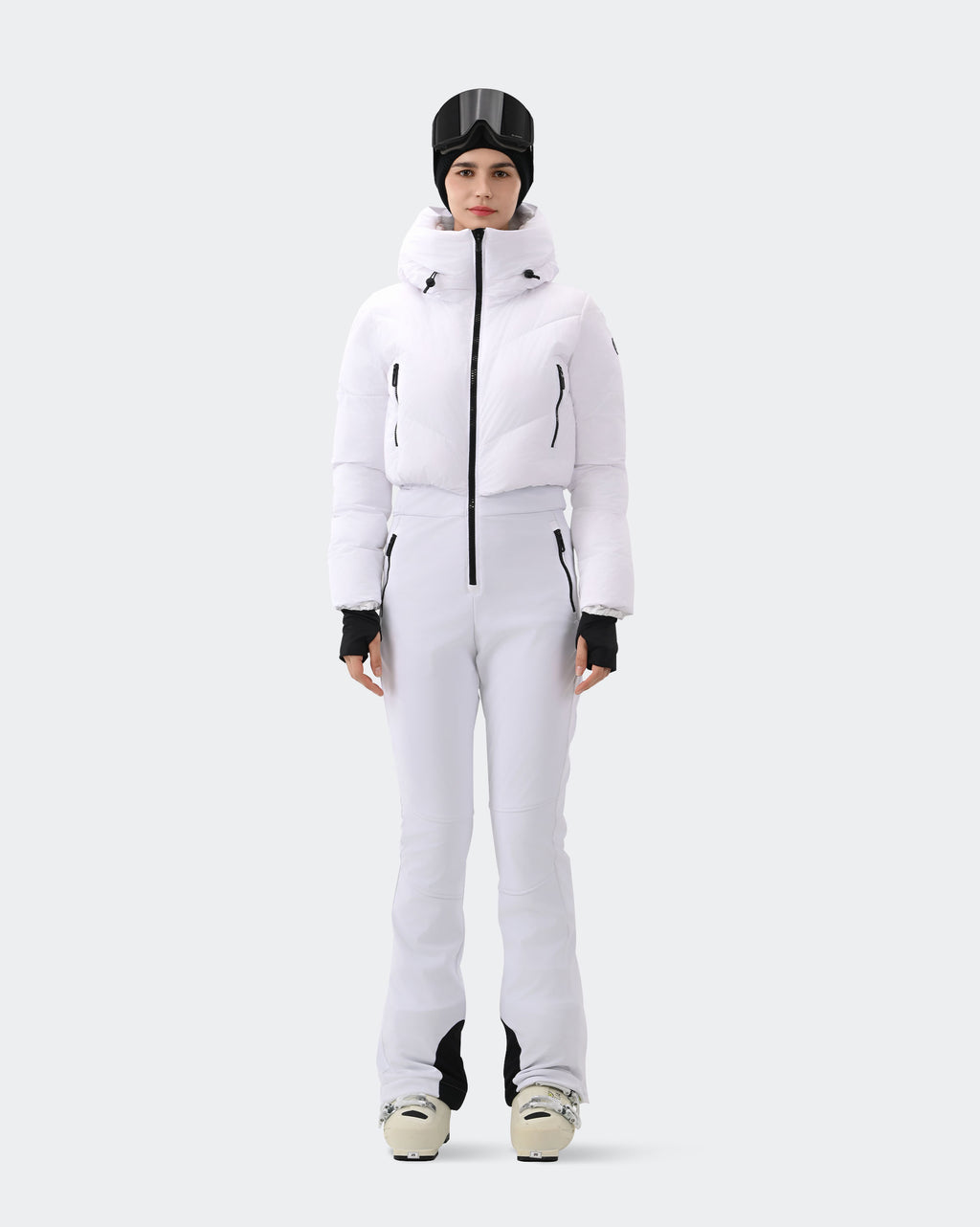 Women's one-piece ski suit front view in White – HIGH EXPERIENCE

