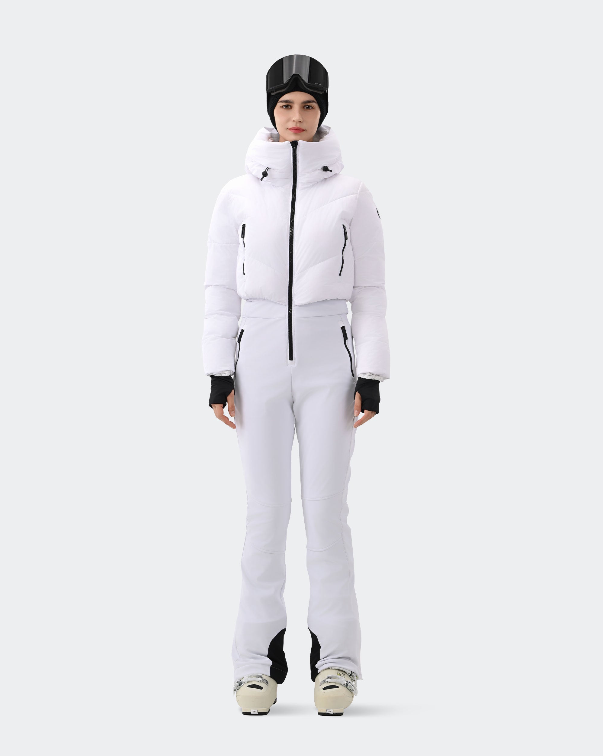 Women's one-piece ski suit front view in White – HIGH EXPERIENCE
