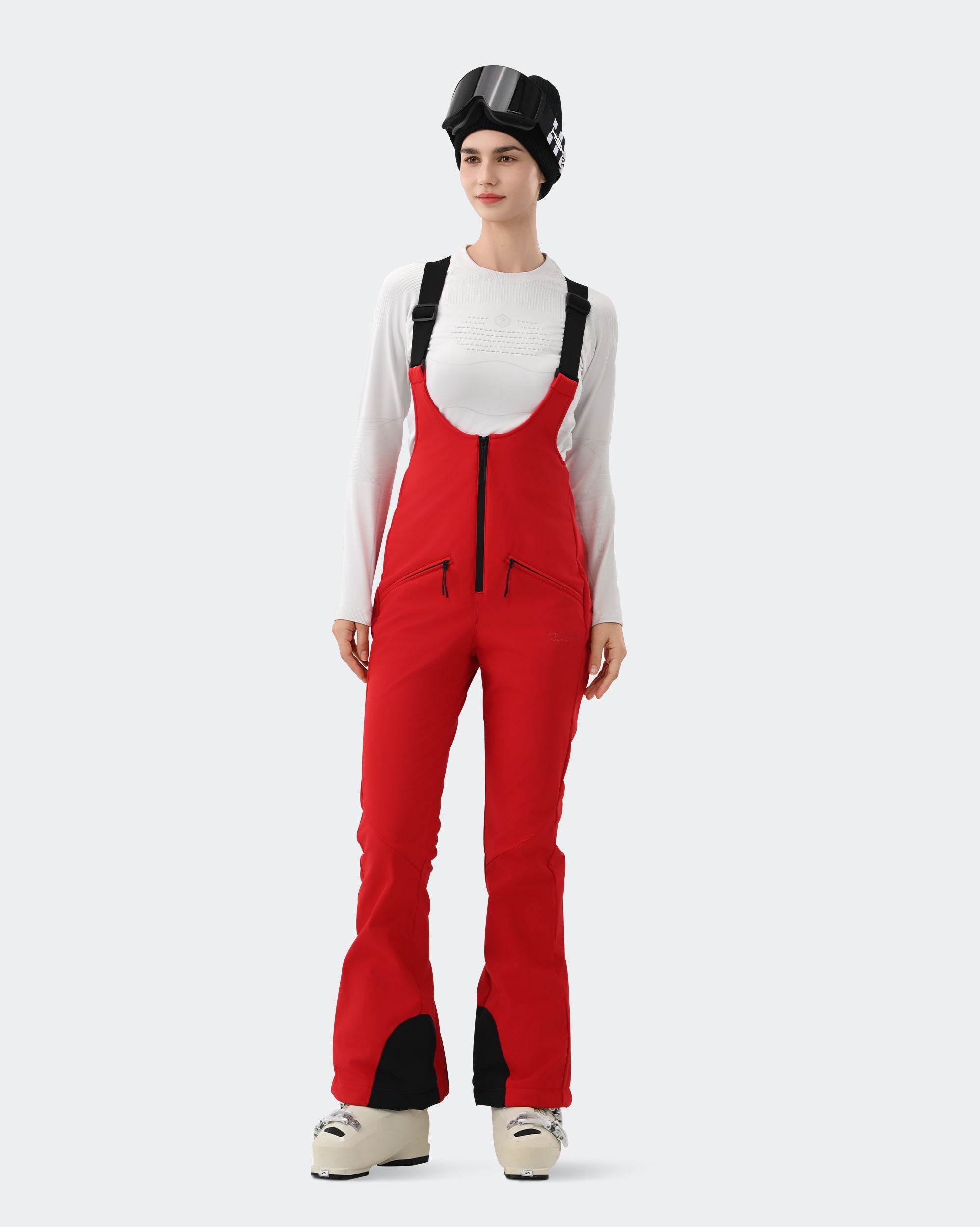 HIGH EXPERIENCE Women's Ski Bib Pants Red – Waterproof Insulated Snow Overalls, Front View