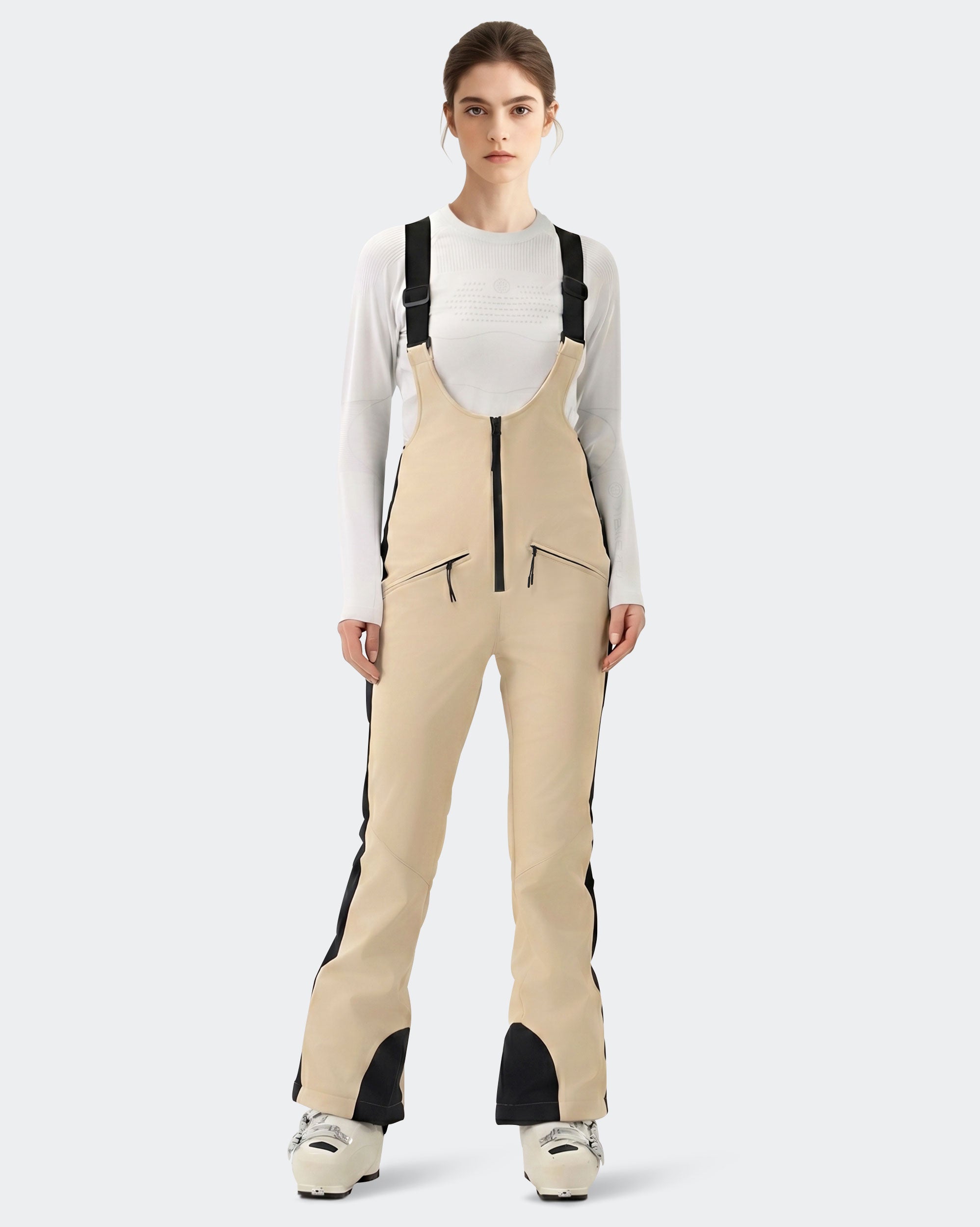 HIGH EXPERIENCE Women's Slim Fit Ski Bib Pants - Light Khaki - Front View