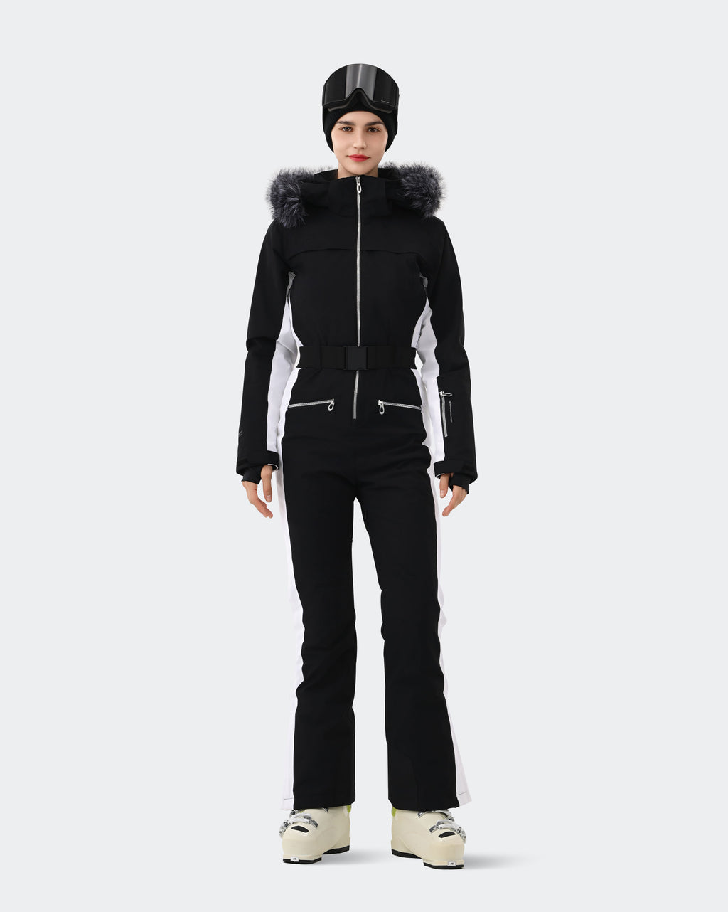 Women's one-piece ski suit front view in Black White – HIGH EXPERIENCE
