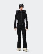 Women's one-piece ski suit front view in Black White – HIGH EXPERIENCE
