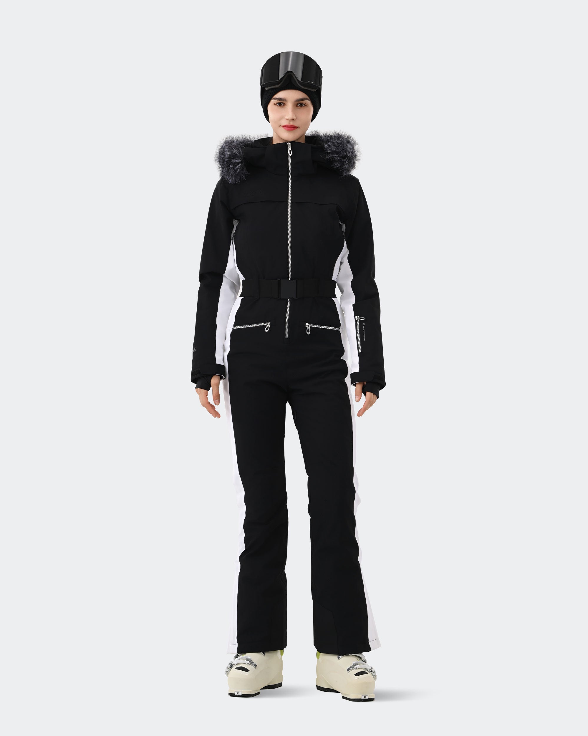 Women's one-piece ski suit front view in Black White – HIGH EXPERIENCE

