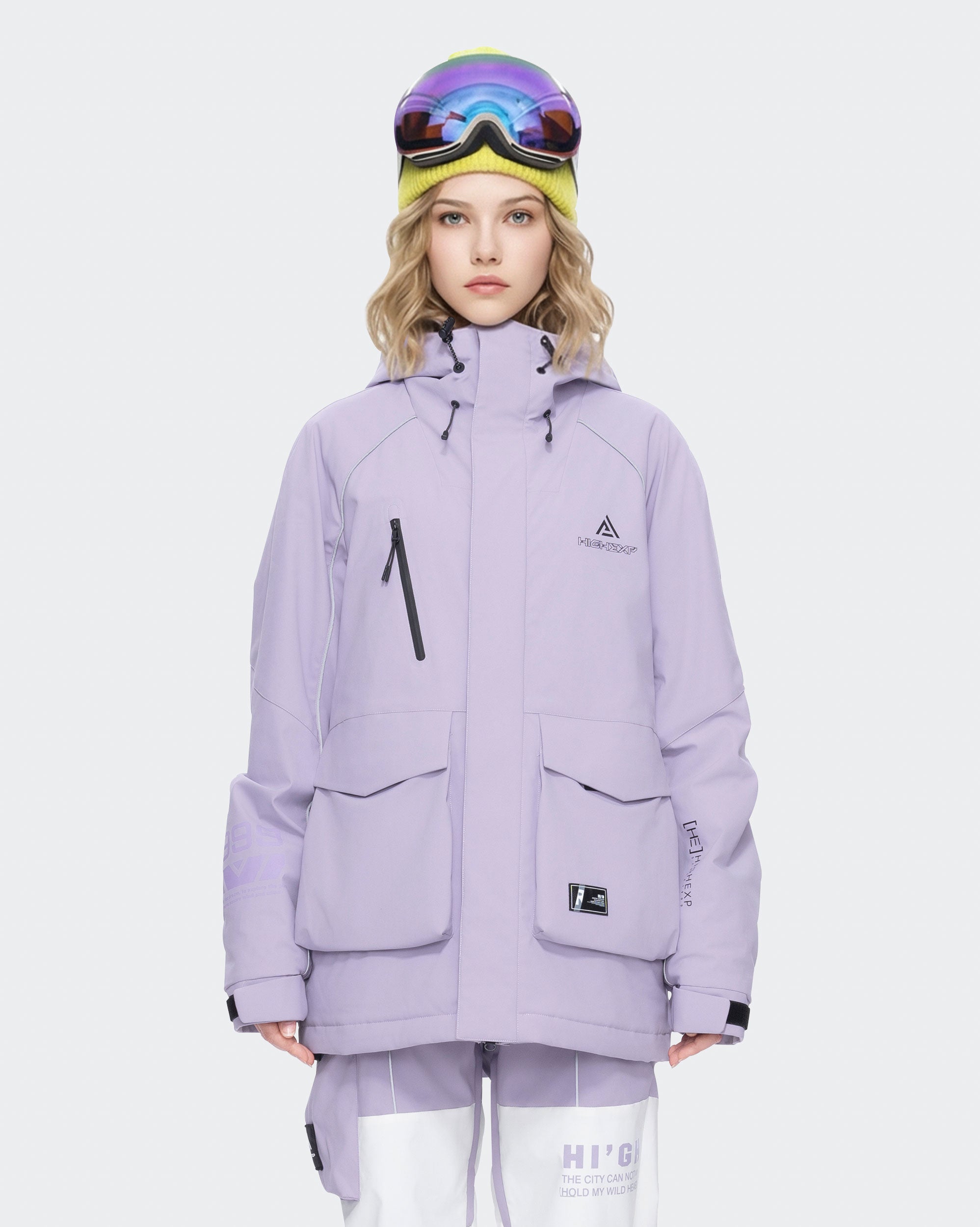 Women's baggy ski jacket front view in Light Purple – HIGH EXPERIENCE
