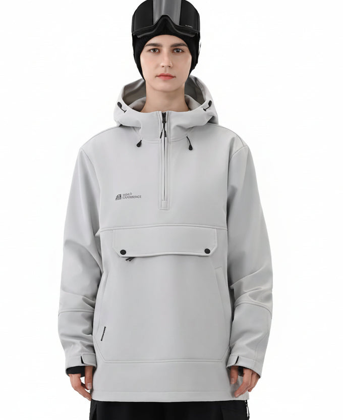 Women's fleece lined waterproof ski hoodie pullover front view in Gray – HIGH EXPERIENCE
