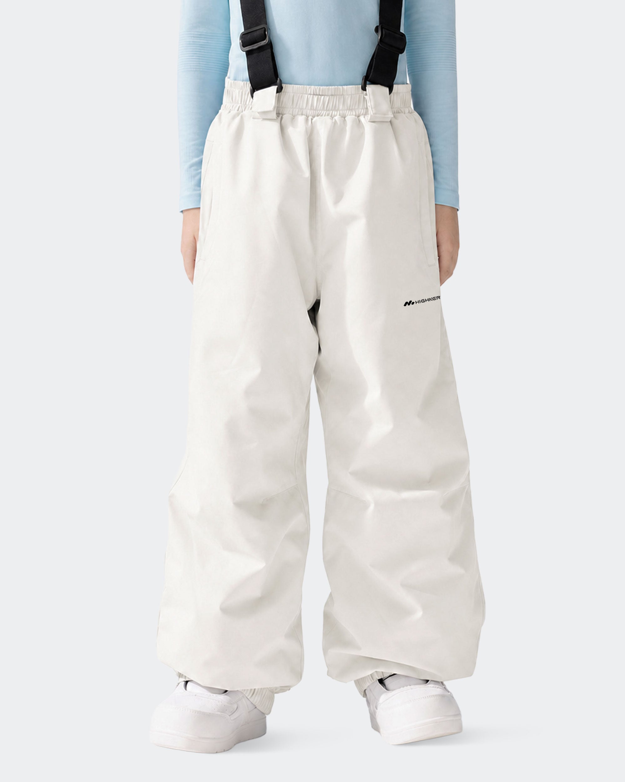HIGH EXPERIENCE Kids Ski Pants - White Front View, Insulated Snowboard Trousers