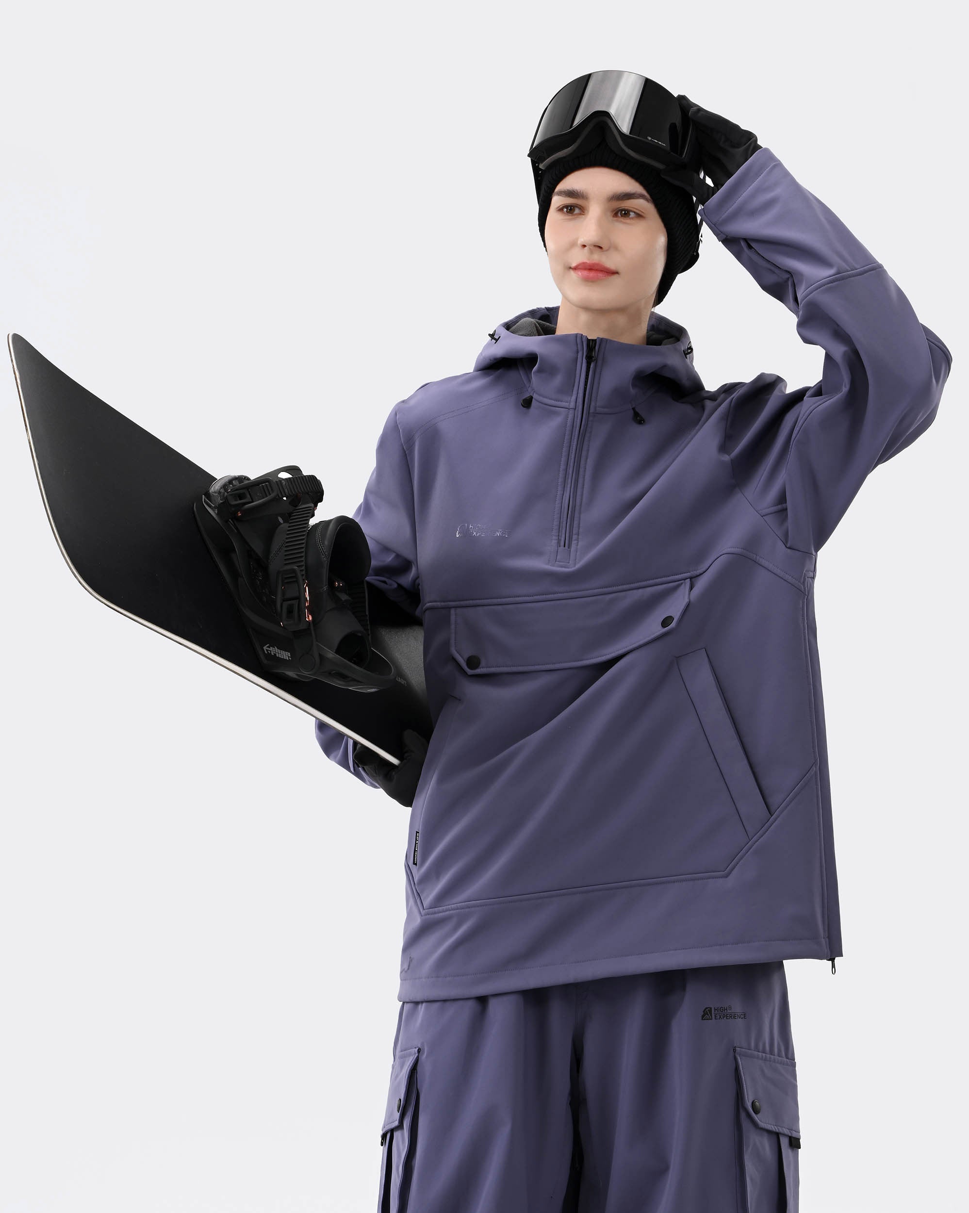 Purple fleece lined ski hoodie side view showing adjustable storm hood
