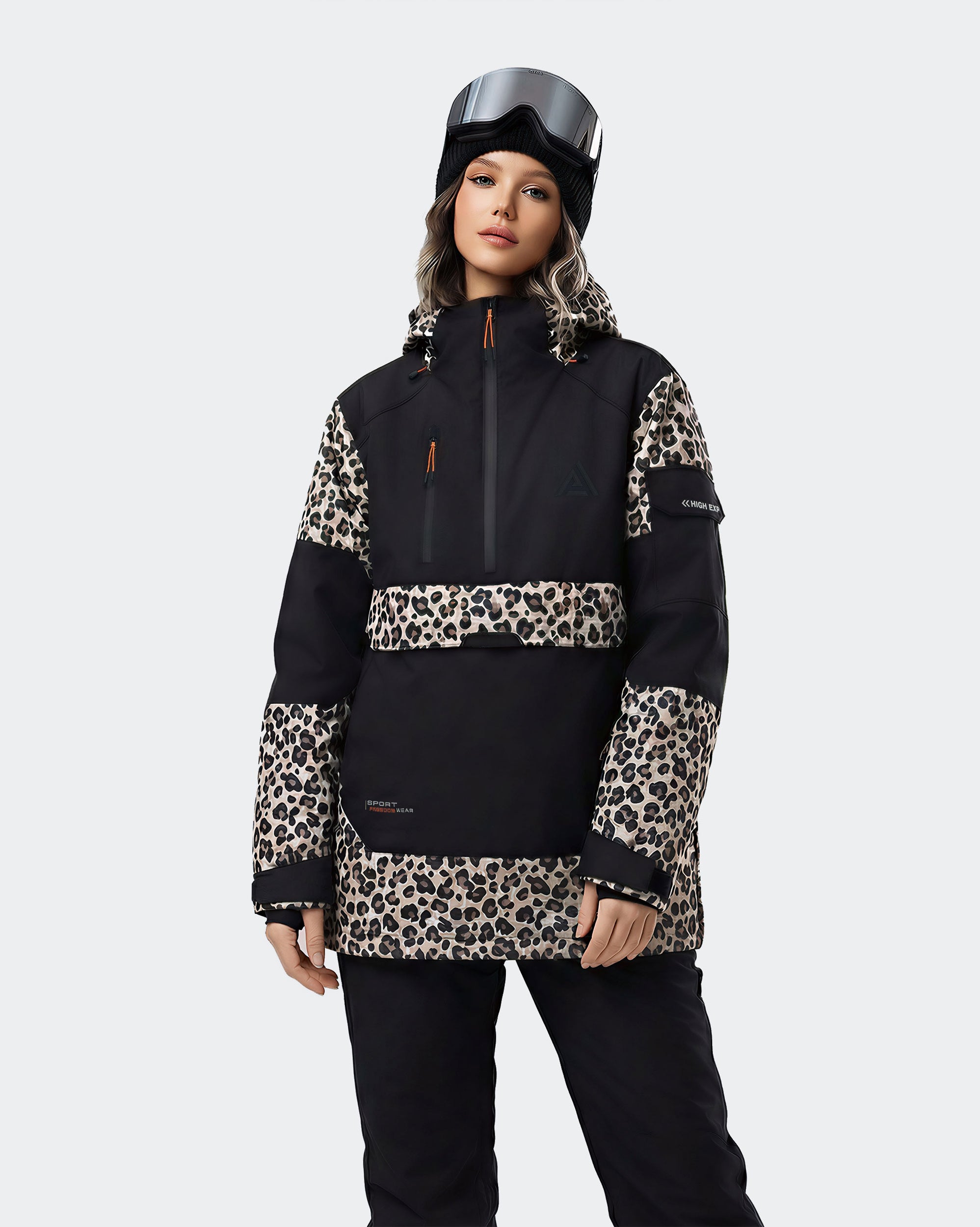 Women's ski hoodie pullover jacket front view in Black Leopard Print – HIGH EXPERIENCE
