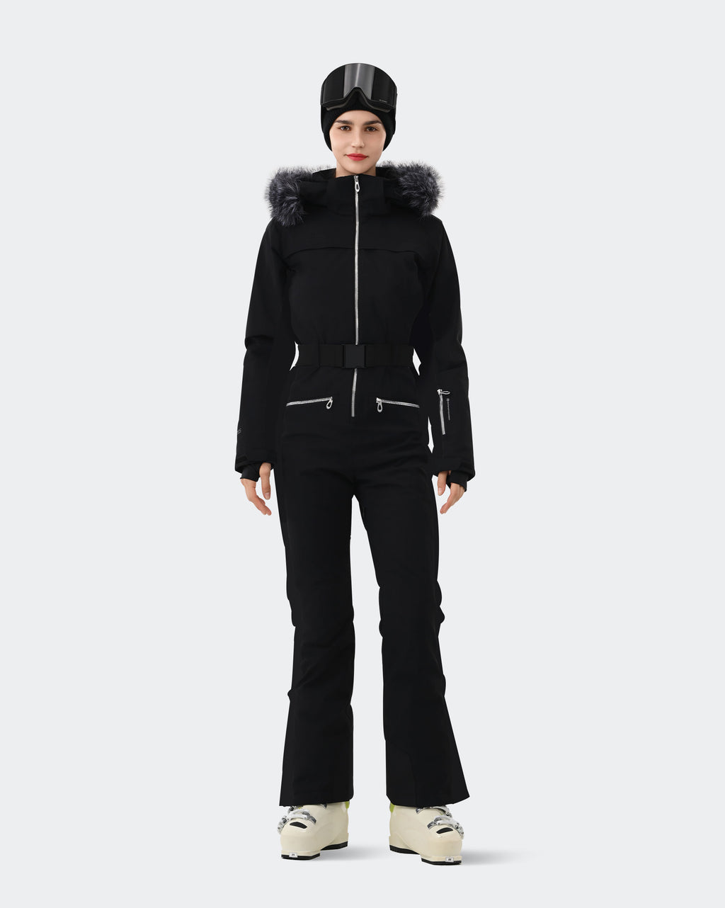 Women's one-piece ski suit front view in Black – HIGH EXPERIENCE
