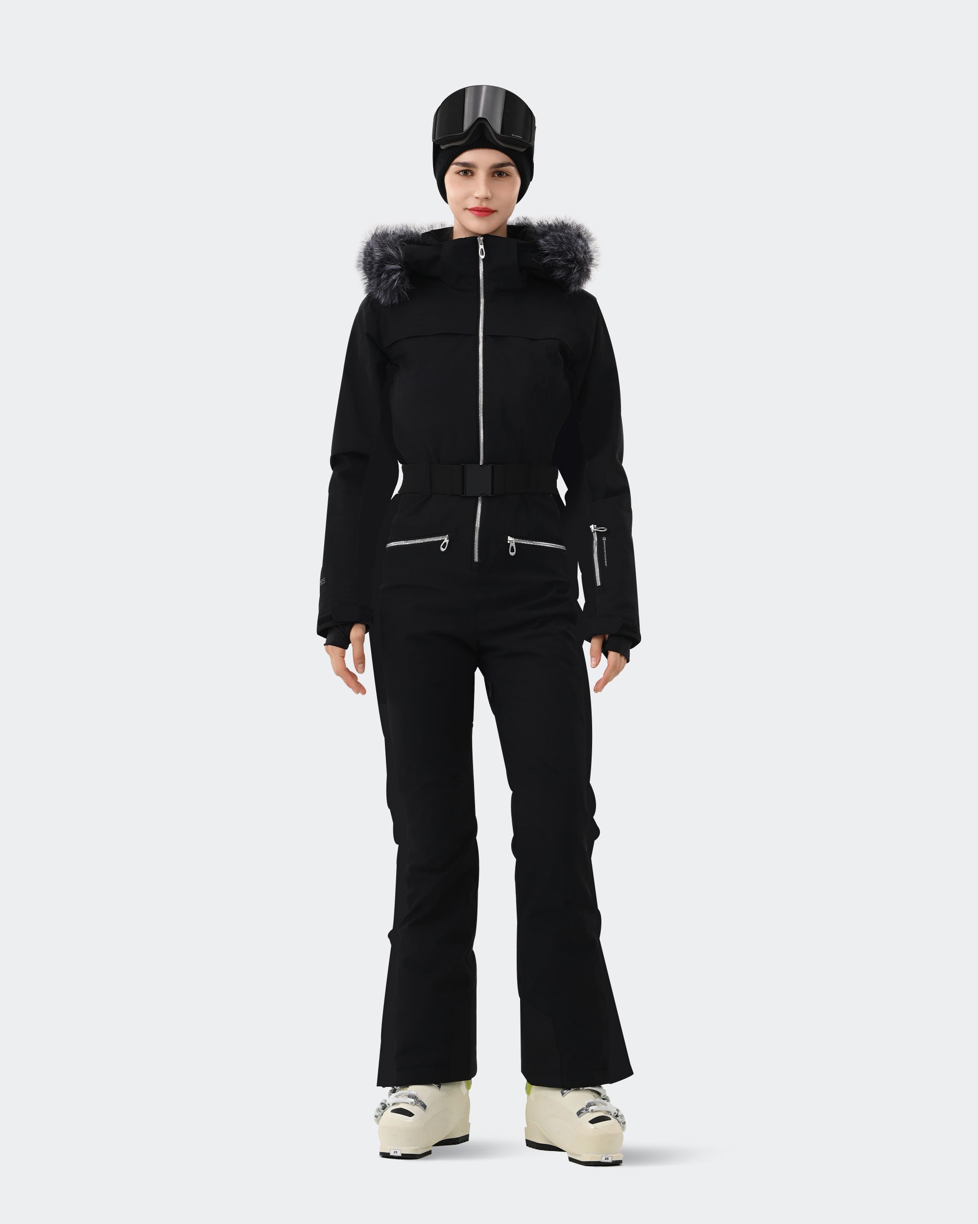 Women's one-piece ski suit front view in Black – HIGH EXPERIENCE
