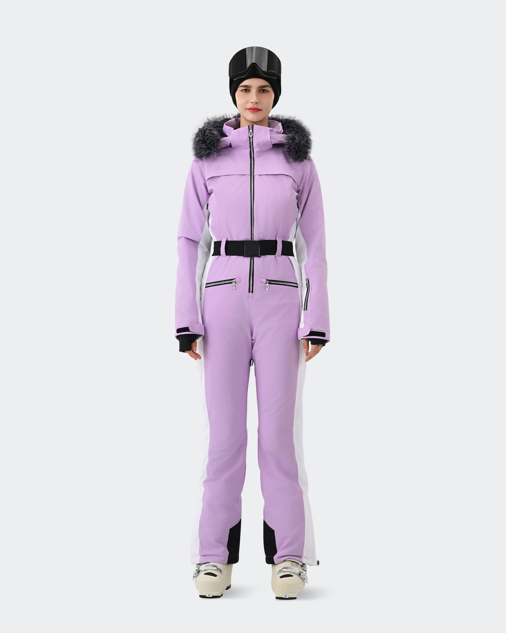Women's one-piece ski suit front view in Light Purple – HIGH EXPERIENCE
