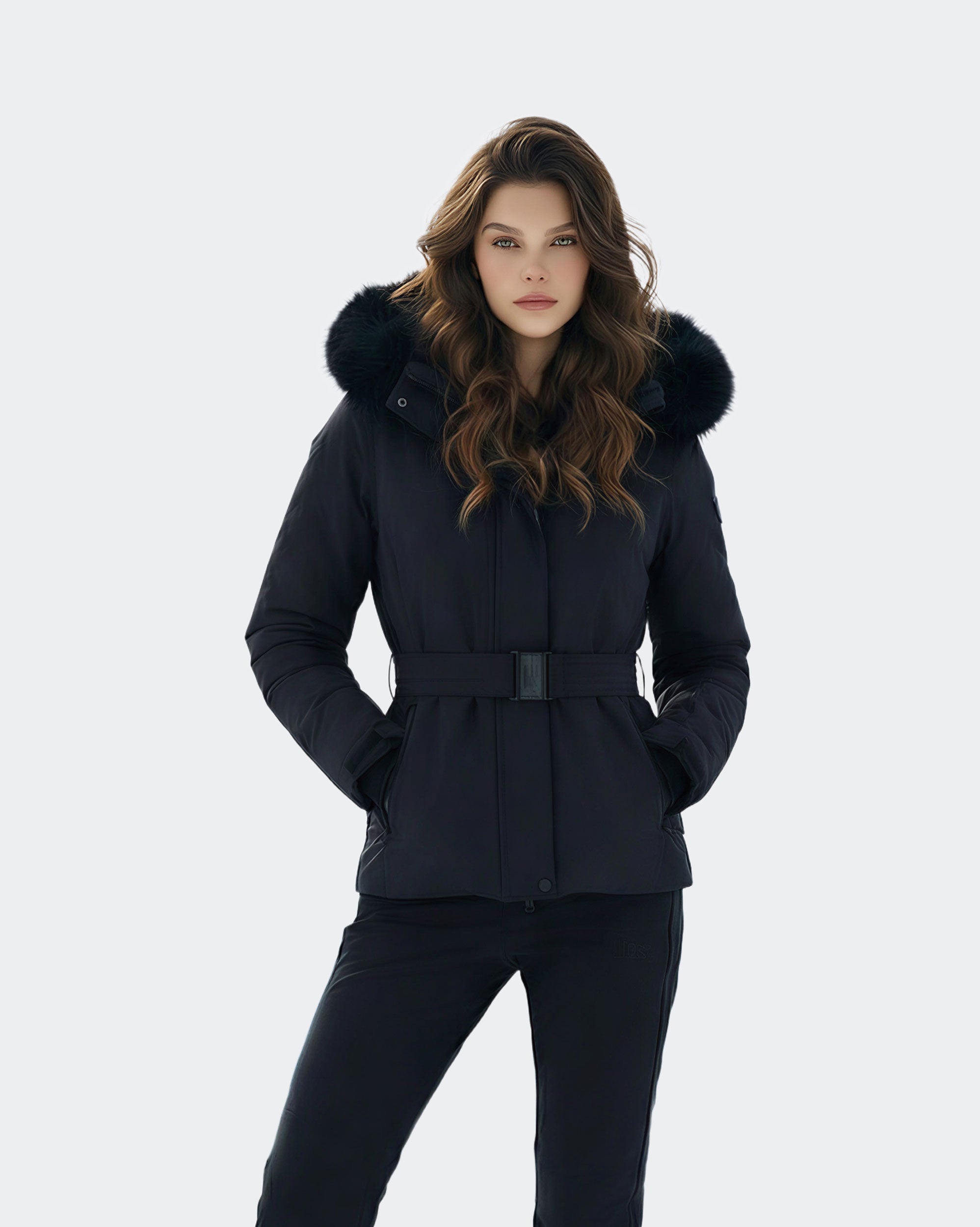 Women's slim fit belted ski jacket front view in Black – HIGH EXPERIENCE
