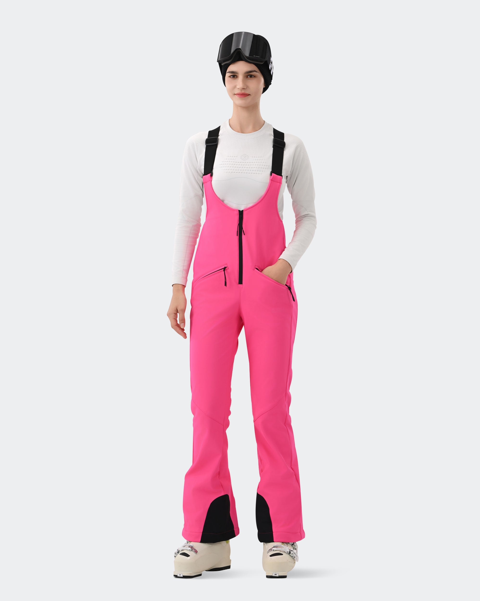 HIGH EXPERIENCE Women's Ski Bib Pants Hot Pink – Waterproof Insulated Snow Overalls, Front View