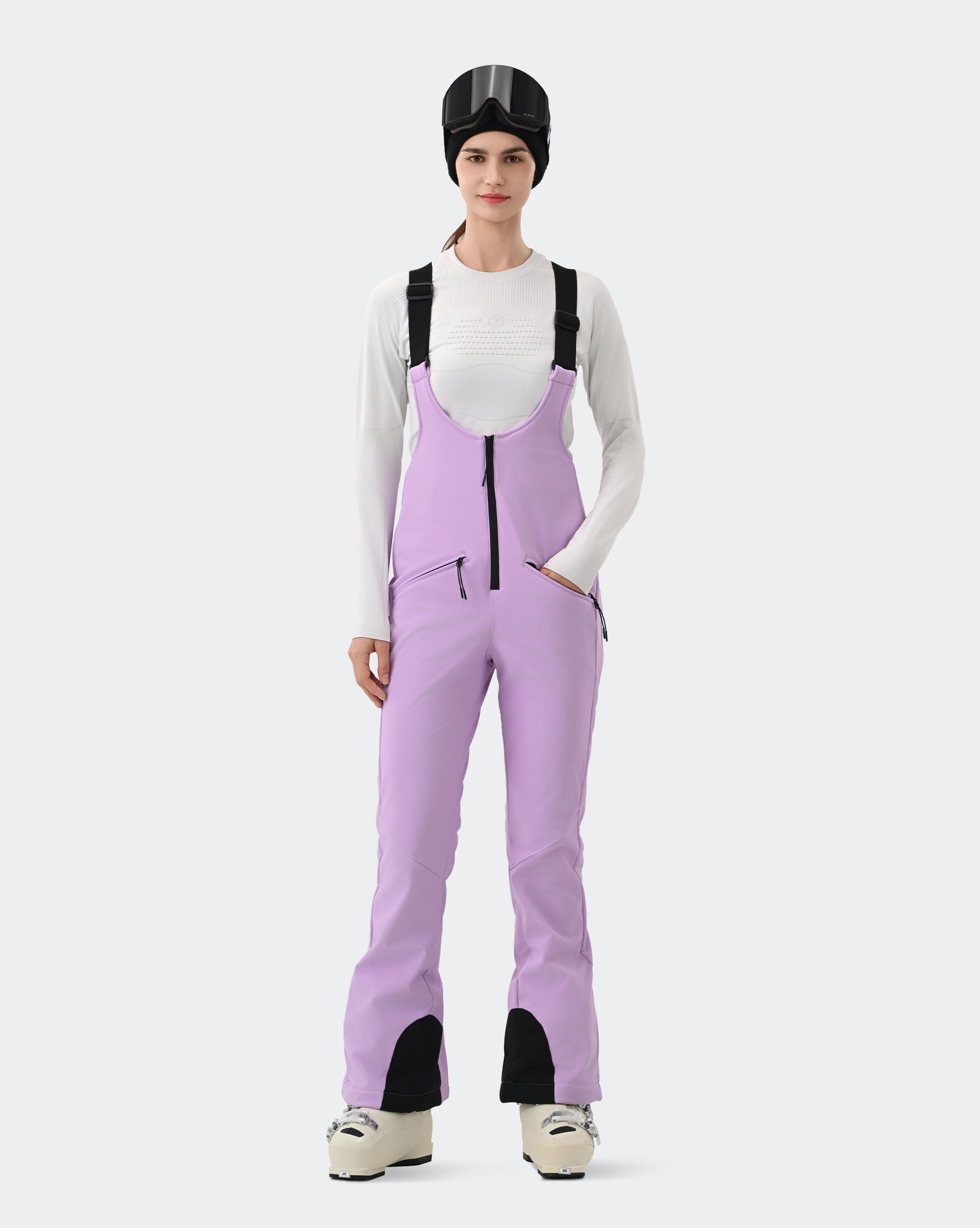 HIGH EXPERIENCE Women's Ski Bib Pants Light Purple – Waterproof Insulated Snow Overalls, Front View