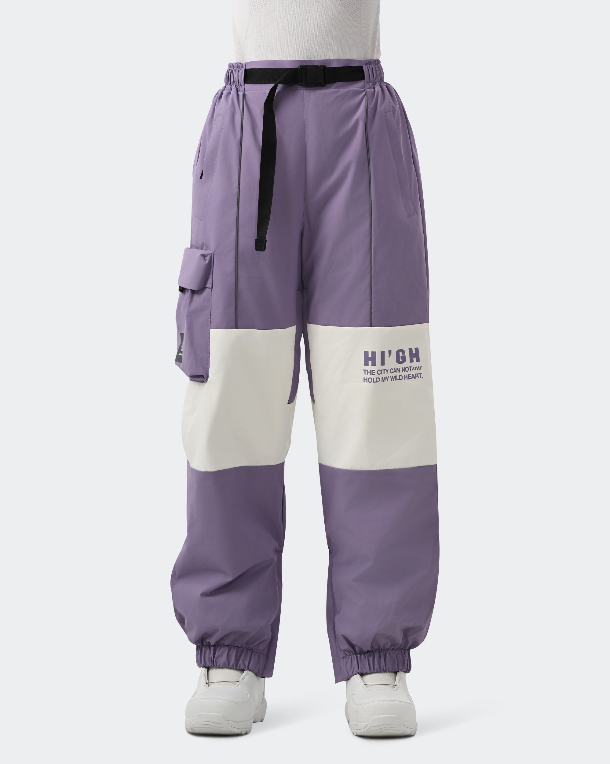HIGH EXPERIENCE Women's Baggy Ski Pants Purple Front View — Waterproof Snowboard Pants