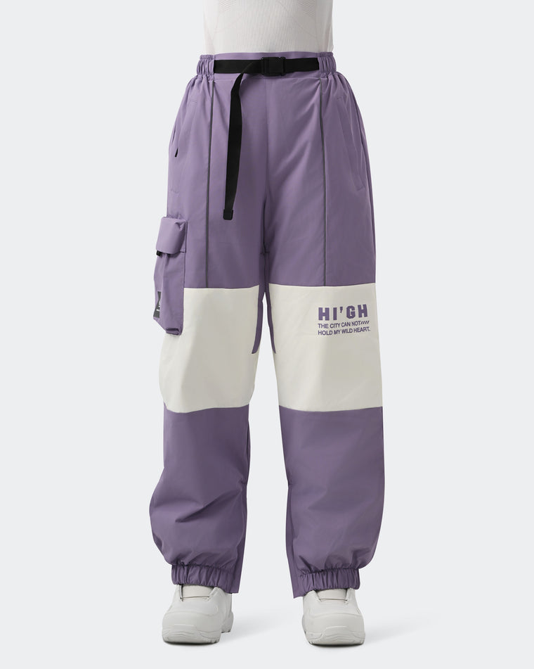 HIGH EXPERIENCE Women's Baggy Ski Pants Purple Front View — Waterproof Snowboard Pants