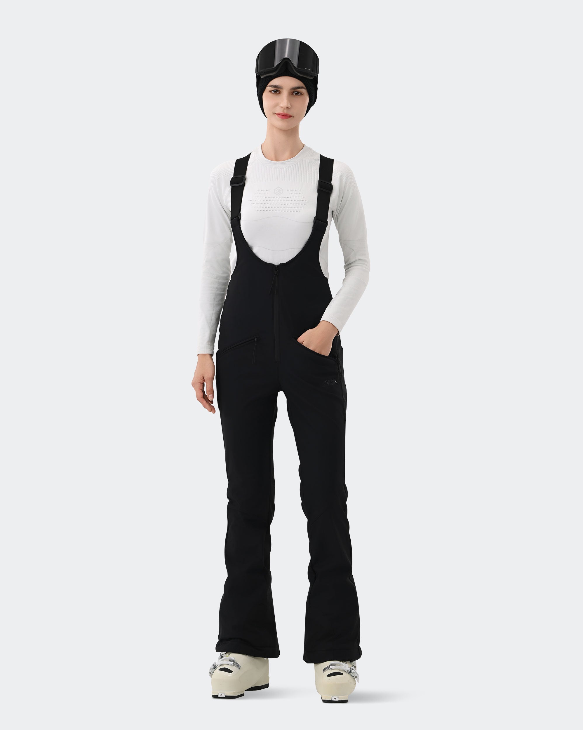 HIGH EXPERIENCE Women's Ski Bib Pants Black – Waterproof Insulated Snow Overalls, Front View